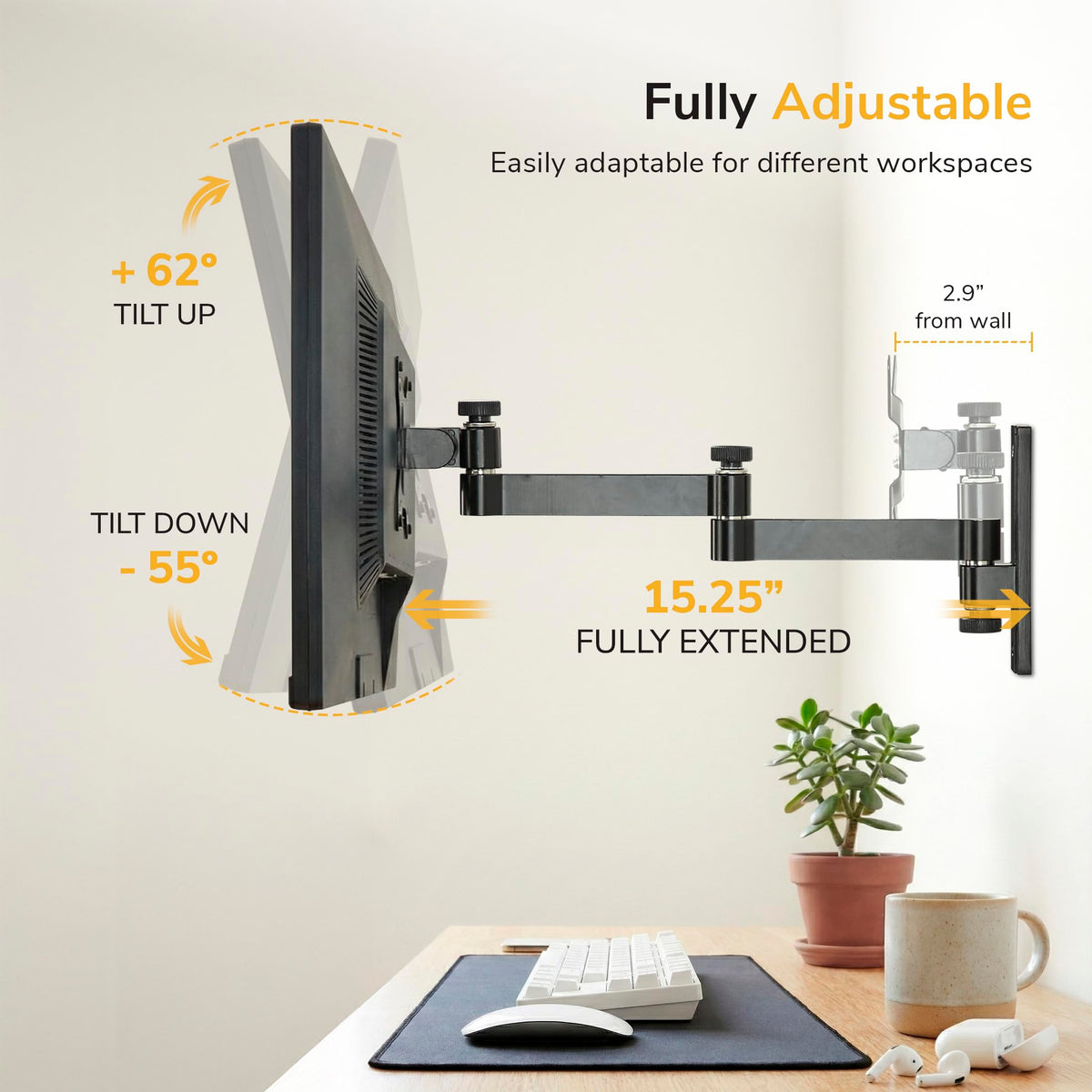 Mount-It! Full Motion Computer Monitor Wall Mount – Adjustable Arm for Home Office, Gaming