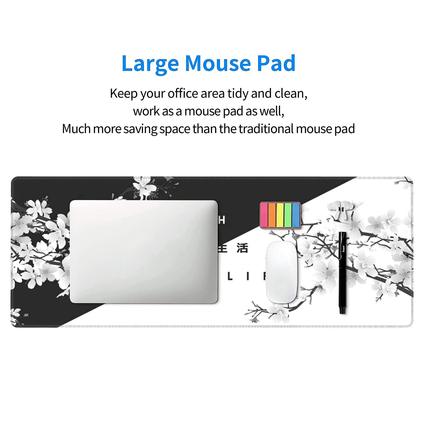 Black White Cherry Blossom Mouse Pad Japanese Sakura Death Life Extended Desk Mat 80X30 cm Non-Slip