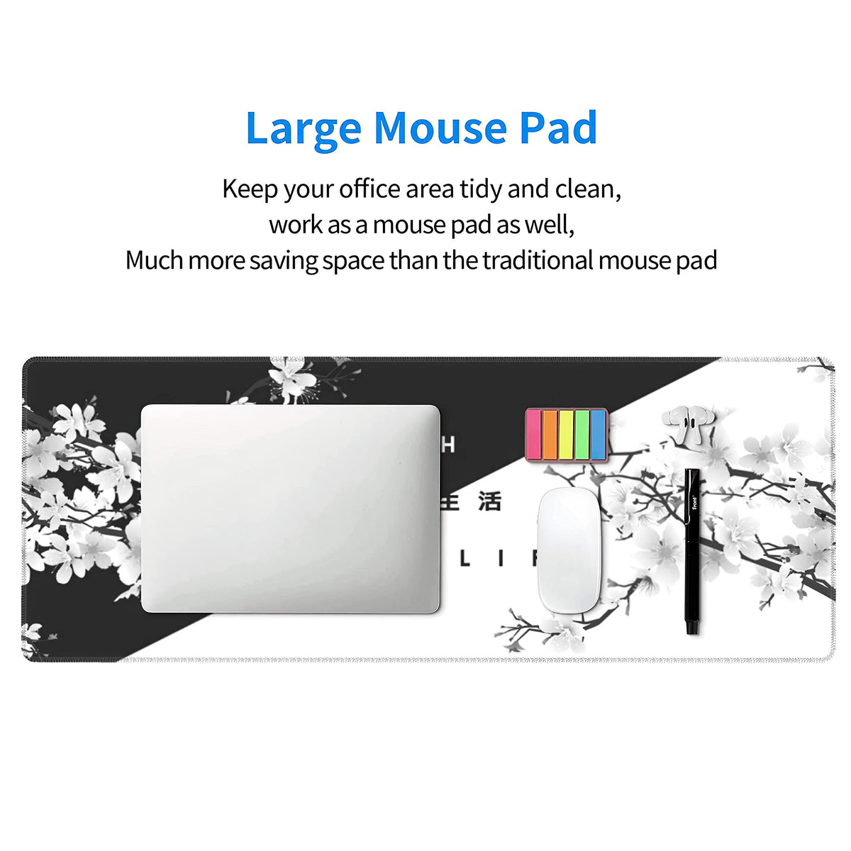 Black White Cherry Blossom Mouse Pad Japanese Sakura Death Life Extended Desk Mat 80X30 cm Non-Slip