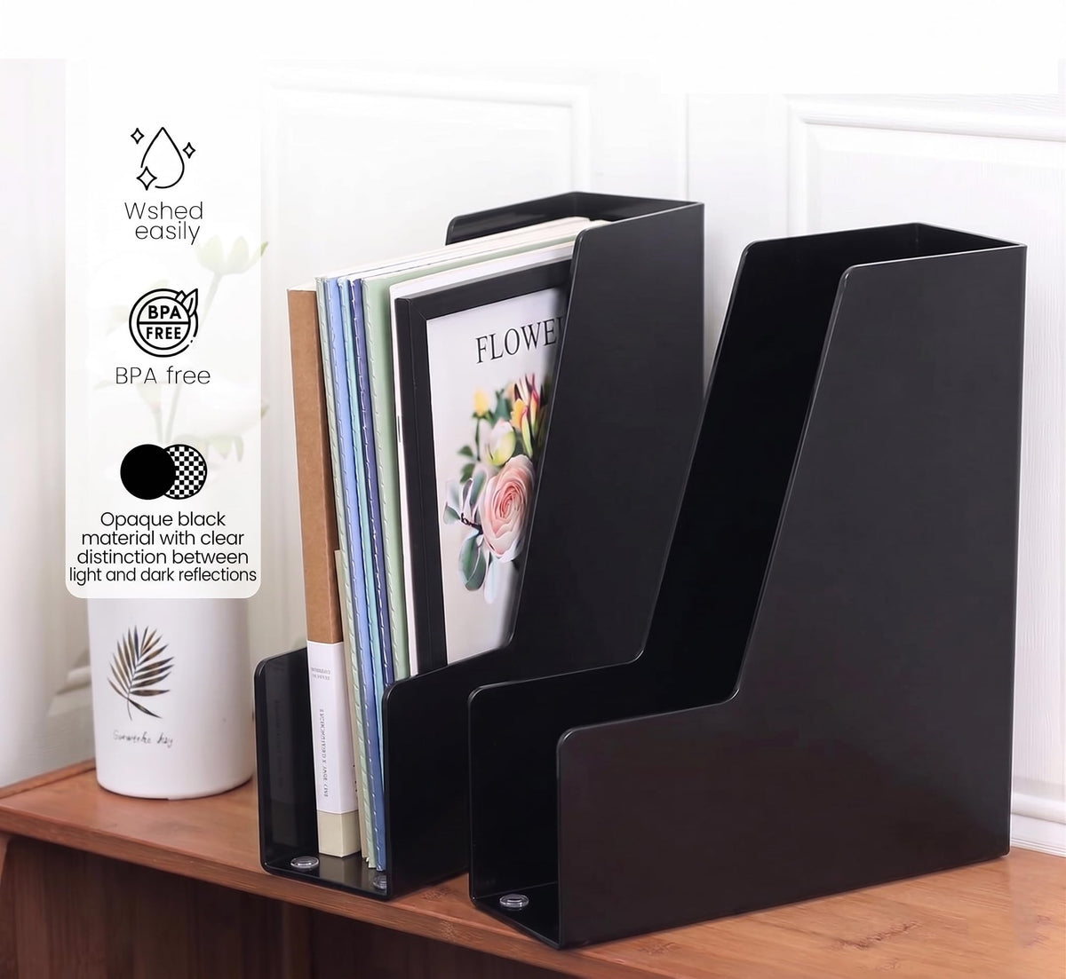 Vertical Magazine File Holder, Black File Organizer Desk Organizer and Storage Bins Holding for