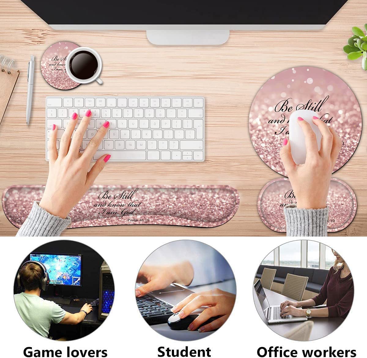 Keyboard Wrist Rest + Mouse Pad + Mouse Wrist Rest Support Set + Coaster, Ergonomic Memory