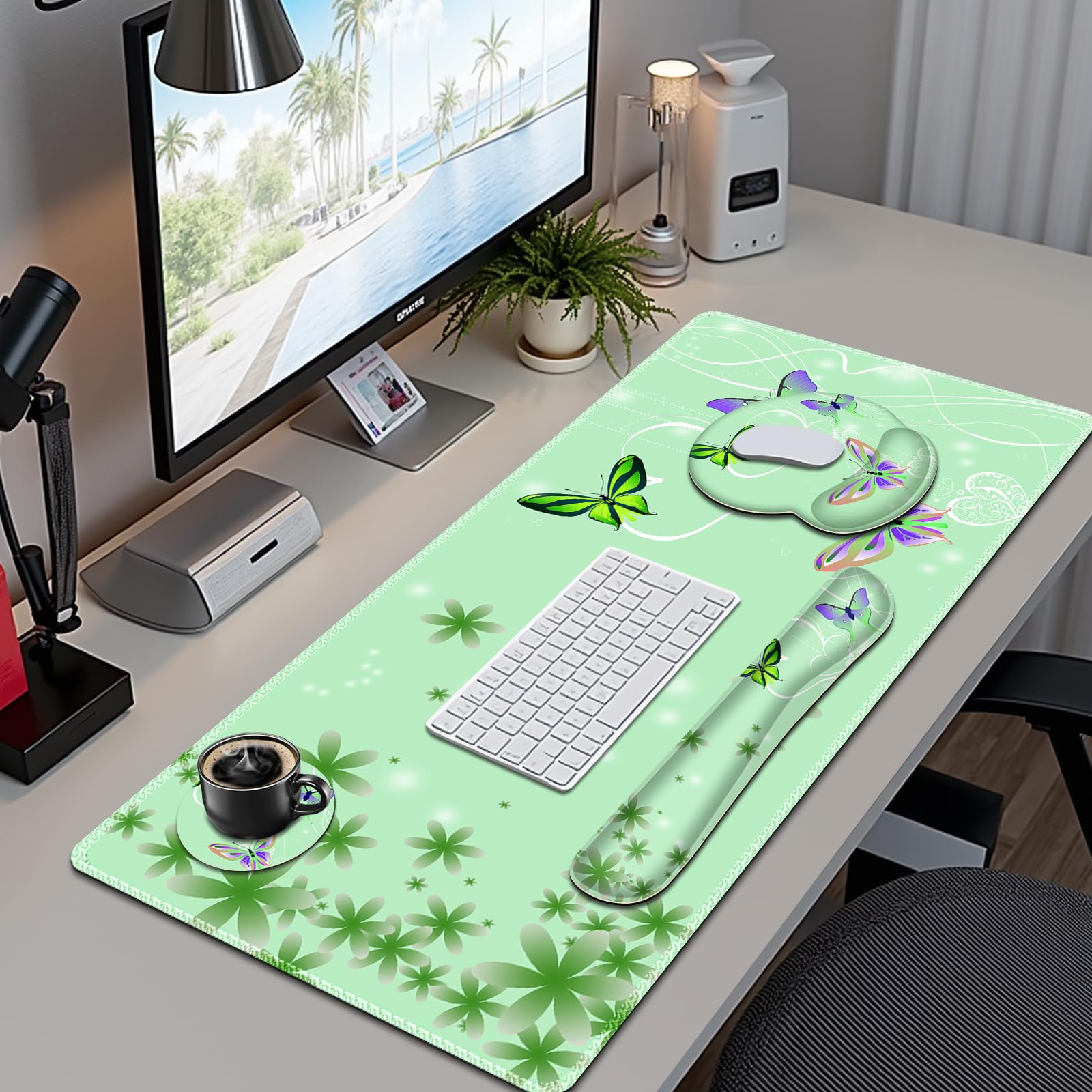Mint Green Butterflies Florals Mouse Pad, XXL Large Desk Mat Extended Reading Desk pad, 4PCS
