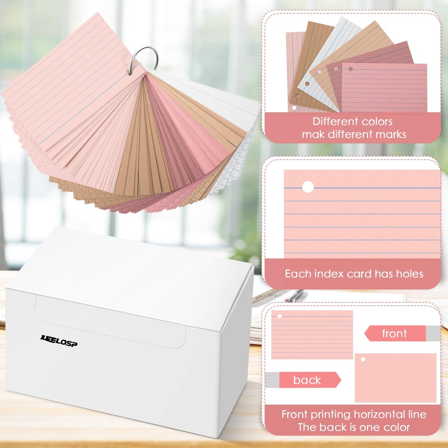 Epakh 300 Pcs Index Cards with Rings, 3 x 5 Inch, Dark Pink Brown Series