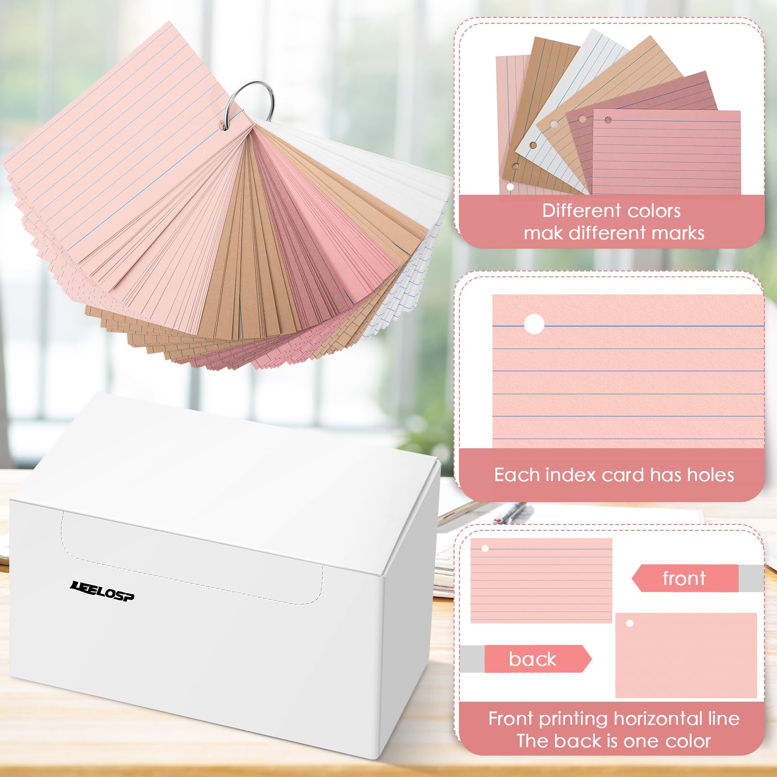 Epakh 300 Pcs Index Cards with Rings, 3 x 5 Inch, Dark Pink Brown Series