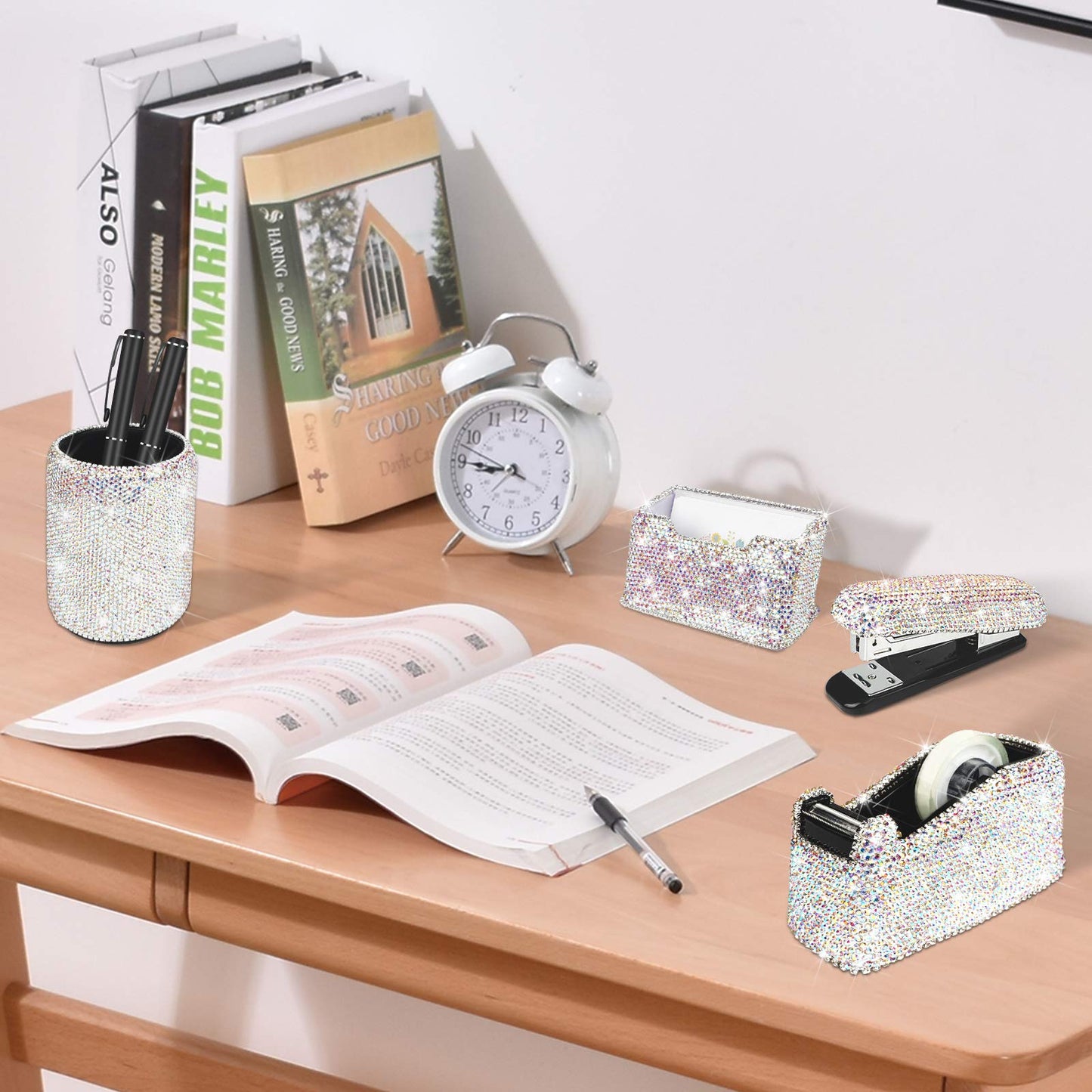 Bling Crystal Luxury Handmade Diamond Round Pencil Pen Pot Holder & Stapler & Card Holder & Desktop
