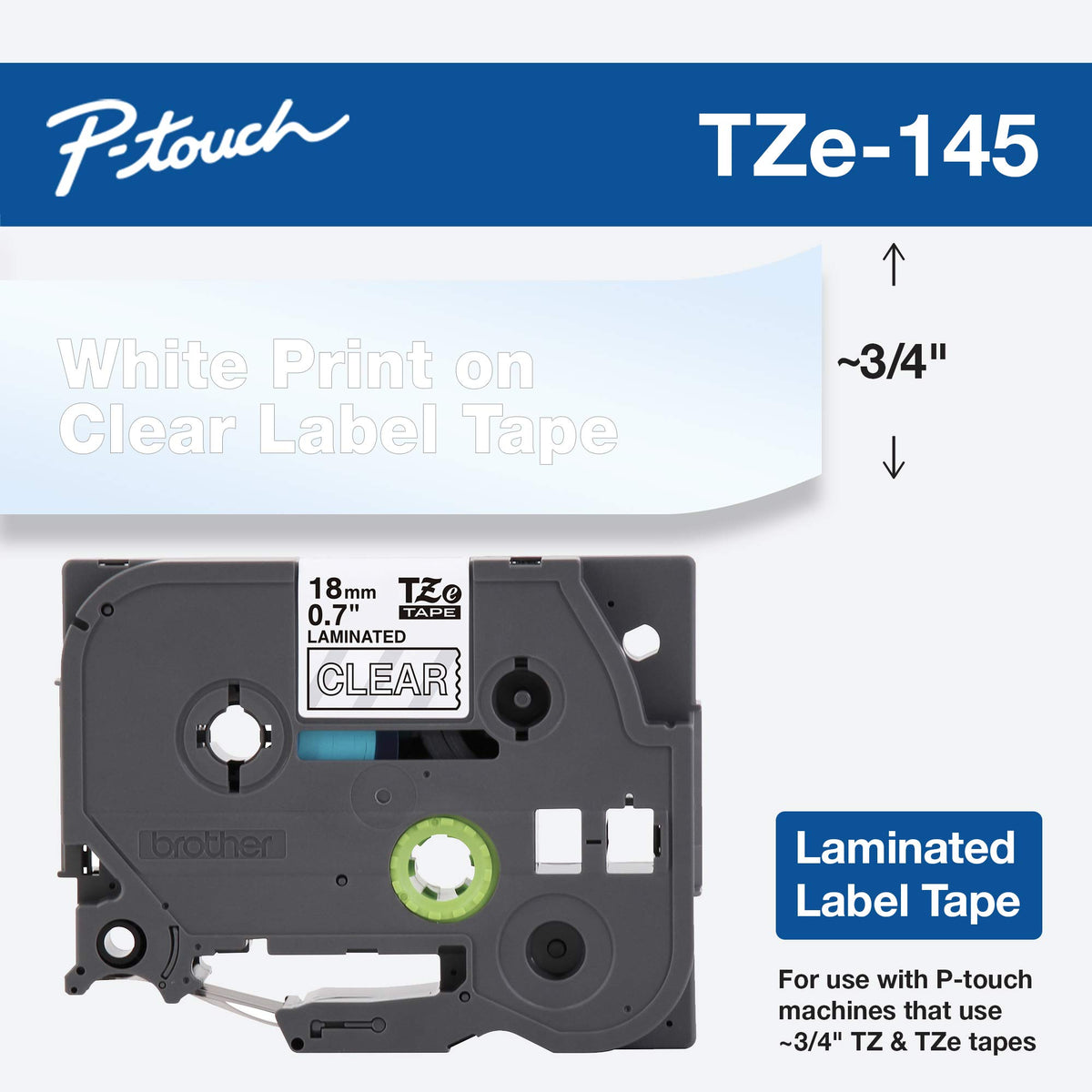 Brother TZe145 18mm (0.7") White on Clear tape for P-Touch 8m (26.2 ft).