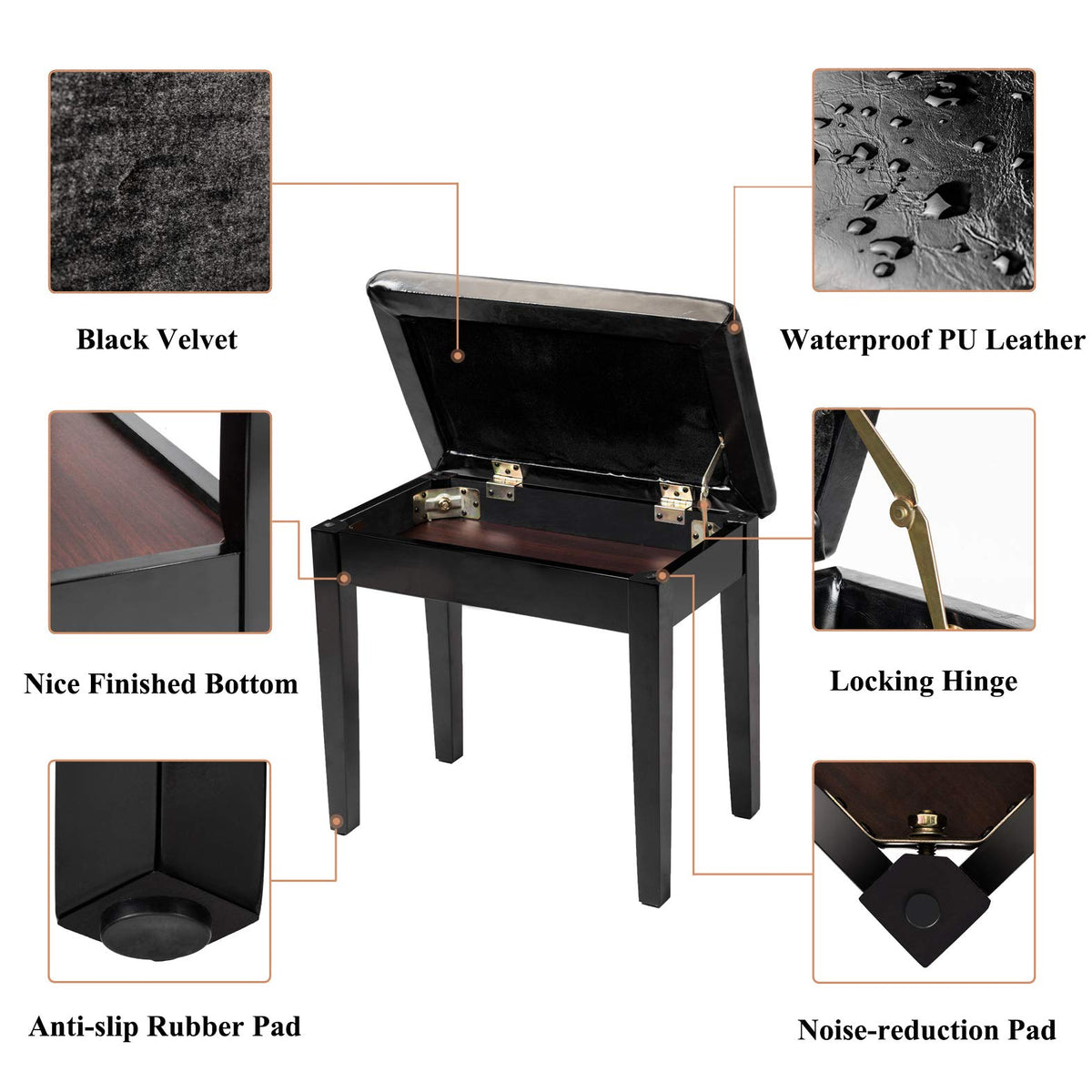 Bonnlo Piano Bench with Storage, Tufted Wooden Keyboard Bench, Black
