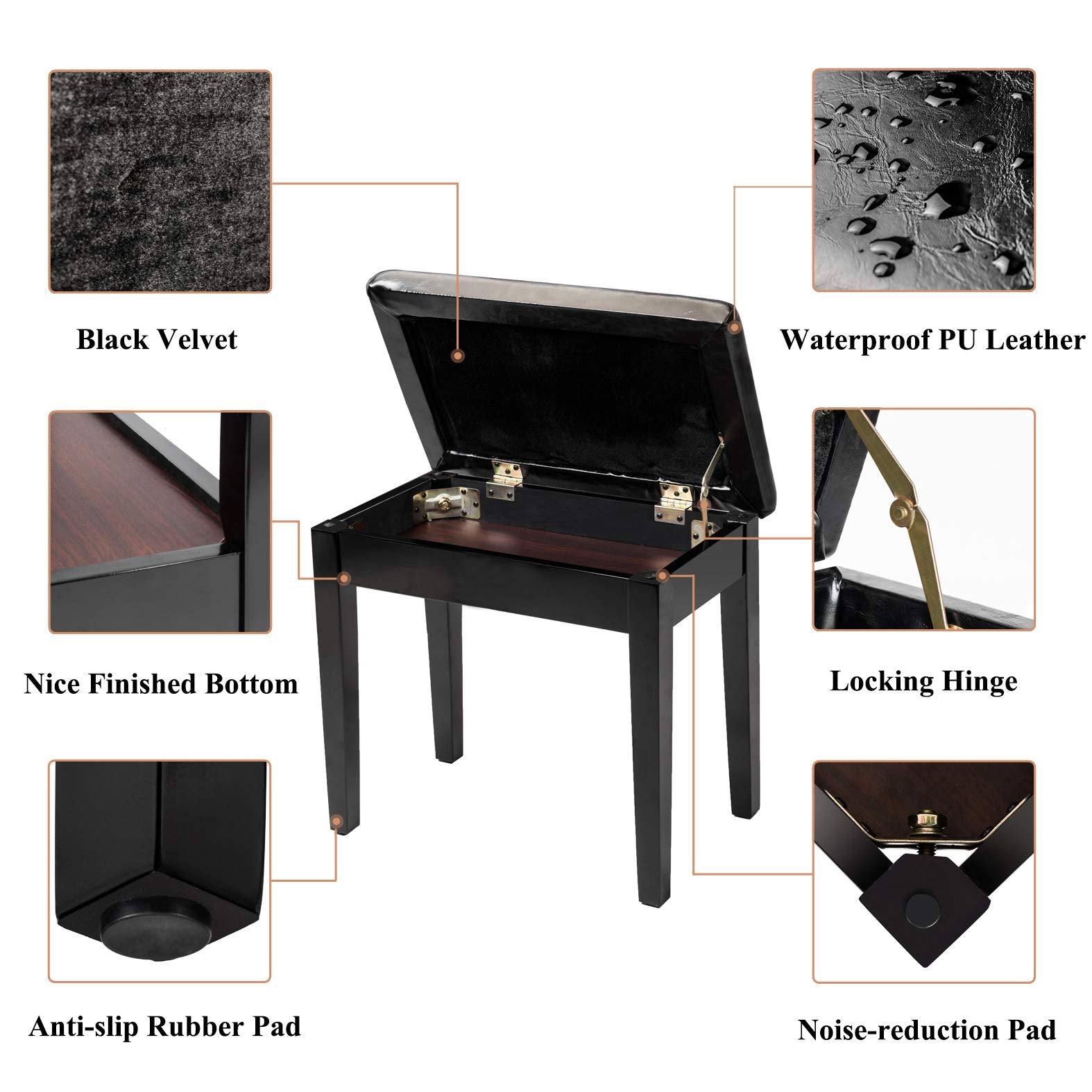 Bonnlo Piano Bench with Storage, Tufted Wooden Keyboard Bench, Black