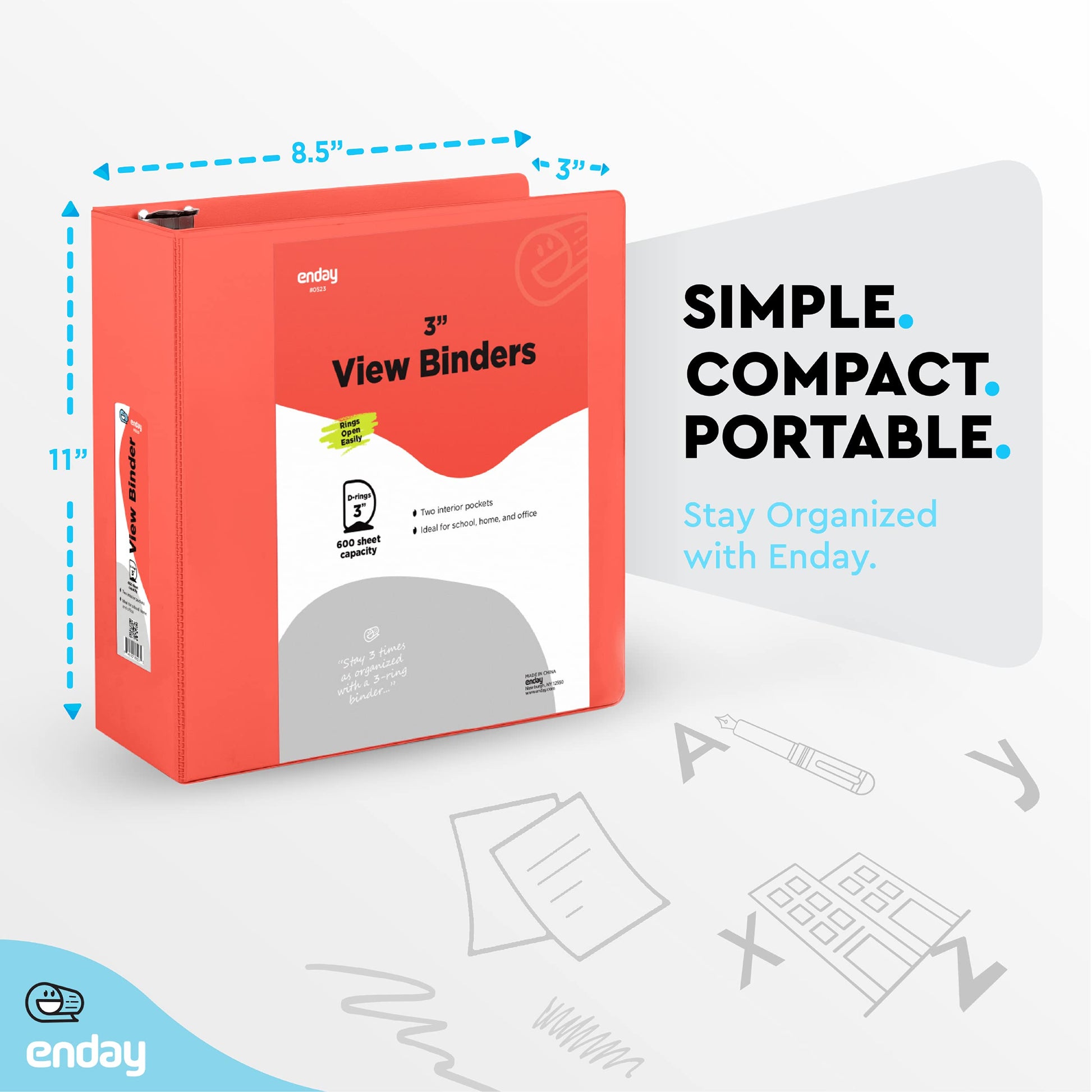 Enday 3 inch Binder (6 Pack - Red) 3 Ring Binder 3 inch with Clear View Cover and 2 Inside Pocket