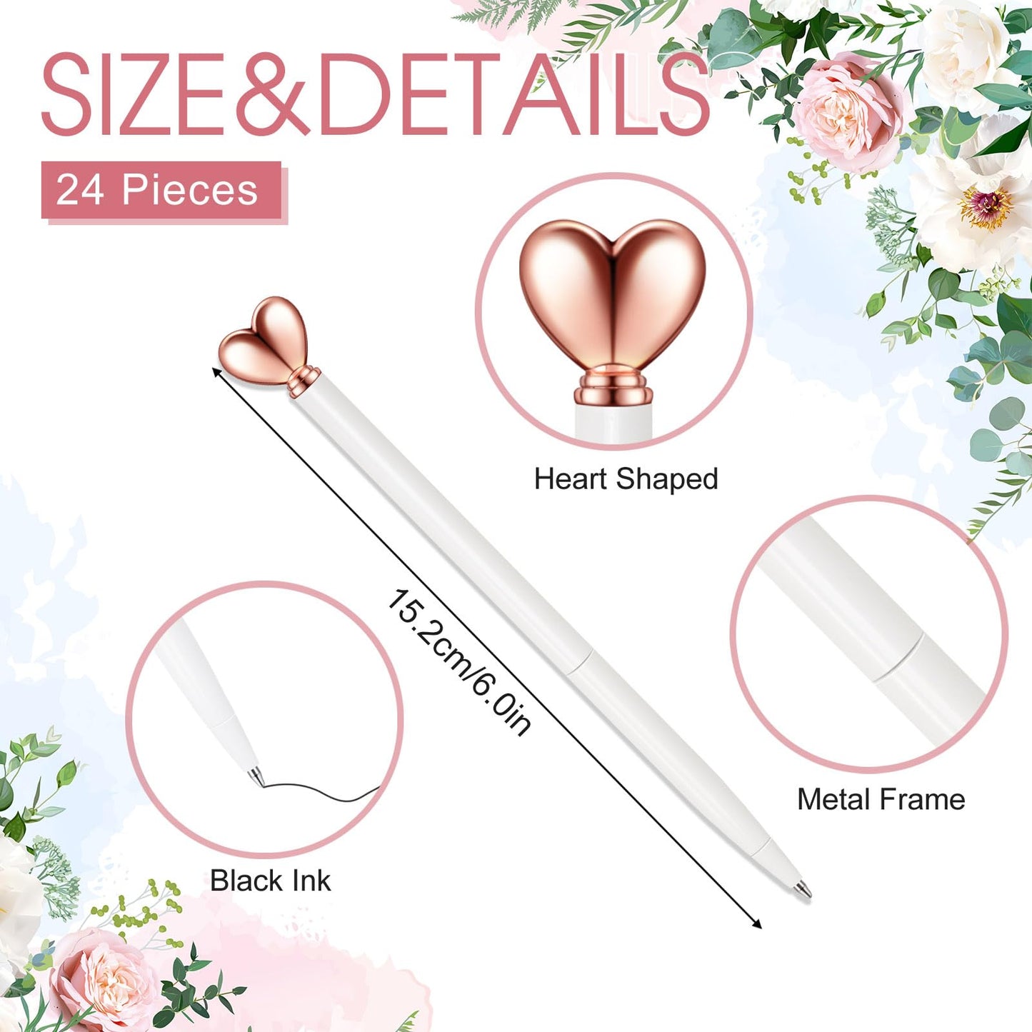 Thenshop White 24 Pcs Heart Shaped Pens Retractable Metal Cute Pens 1.0 mm Black Ink Ballpoint