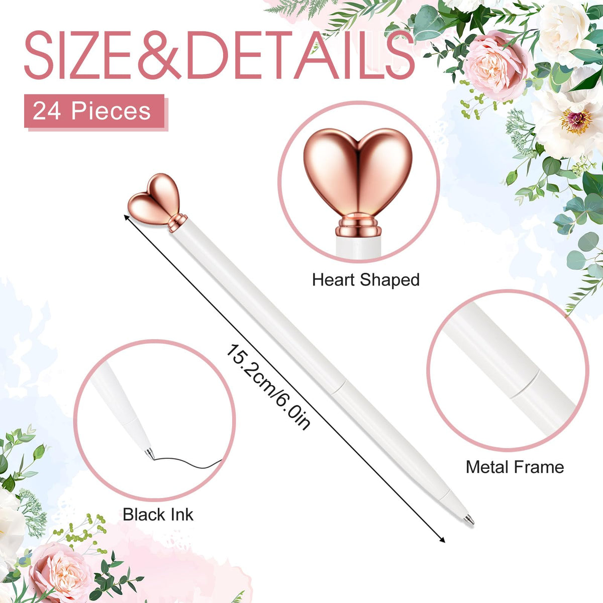 Thenshop White 24 Pcs Heart Shaped Pens Retractable Metal Cute Pens 1.0 mm Black Ink Ballpoint