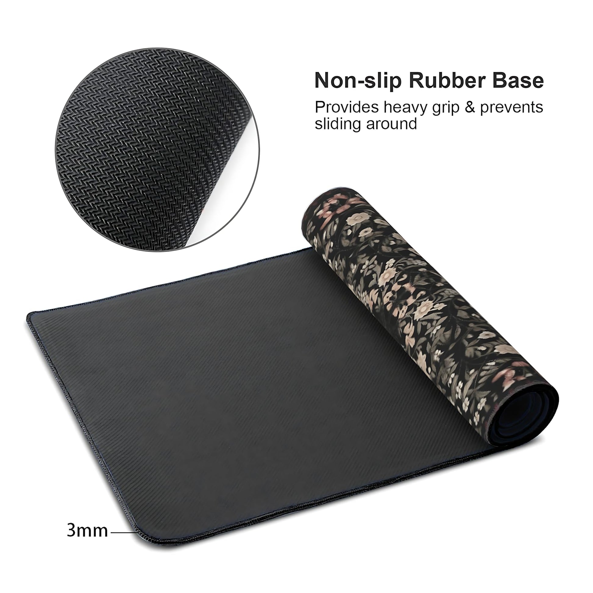 Floral Aesthetic Wildflower Gaming Mouse Pad, Black Rug Desk Mat with Anti-Slip Base & Stitched