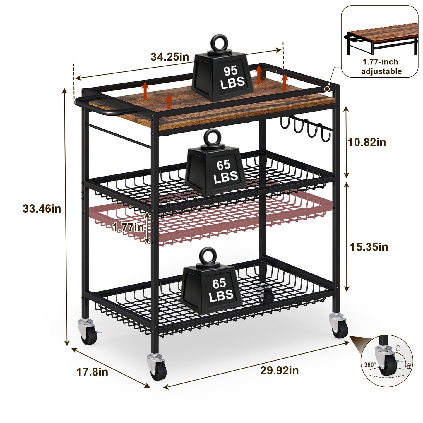 Microwave Kitchen Cart – 3 Tier Rolling Kitchen Utility Cart for Microwave Table Stand, Coffee