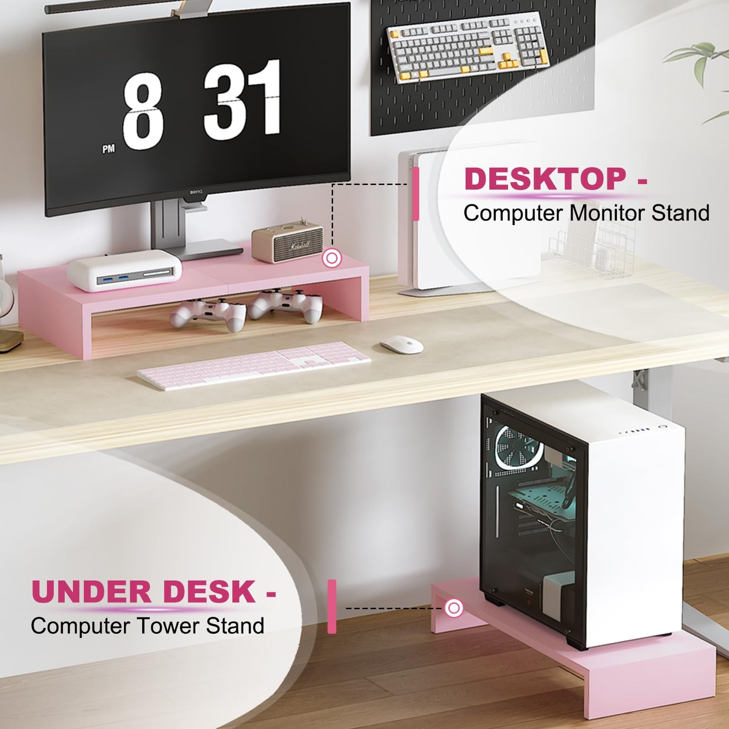 TEAMIX 2 Pack Pink Monitor Riser-20L inch, Cute Monitor Stand for Desk, Wood Sturdy