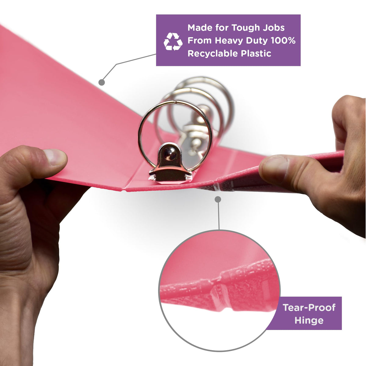 Carstens 2-Inch Heavy Duty 3-Ring Binder - Side Opening, Bubble Gum Pink, Durable Plastic