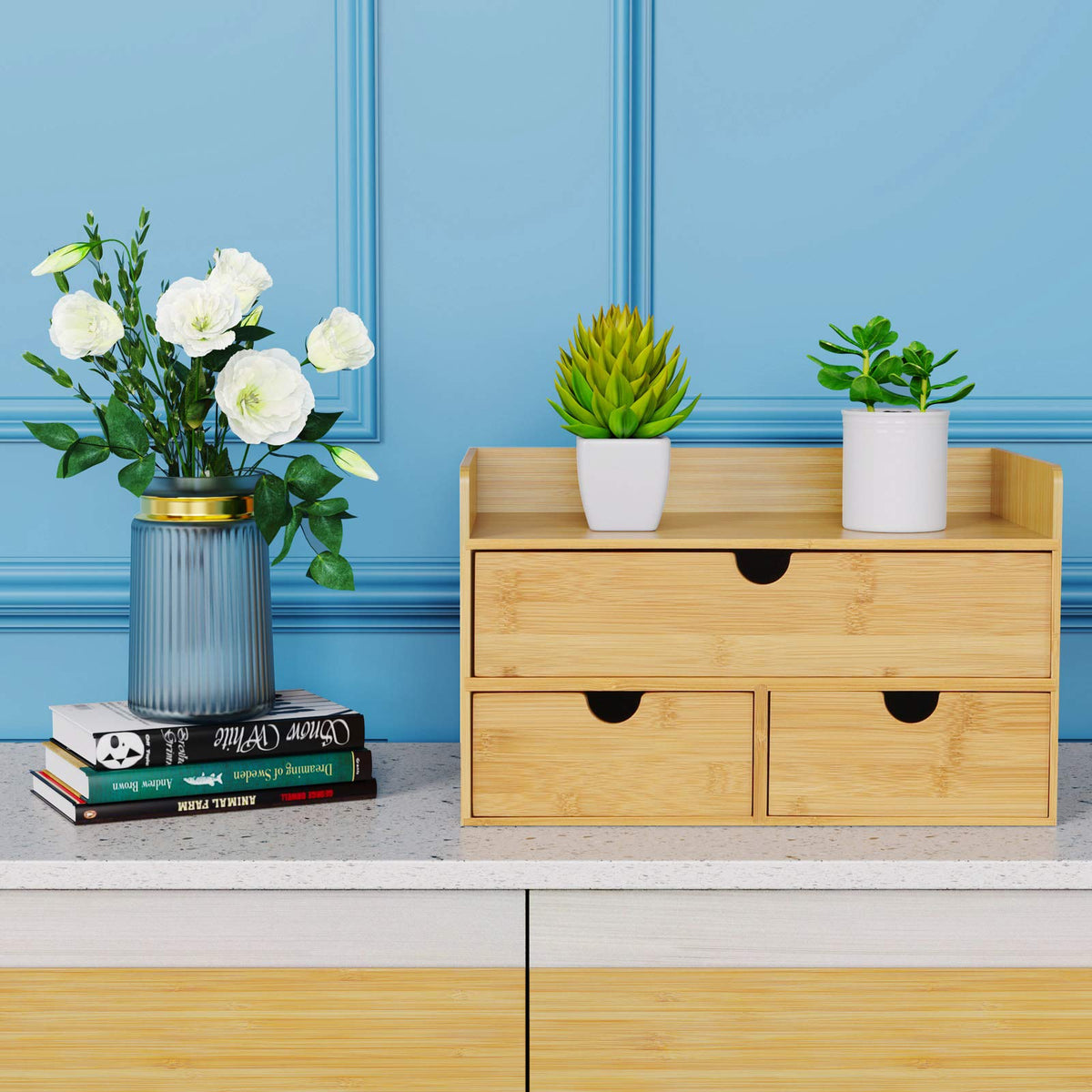 Bamboo Desk Organizer with Drawers, Desktop Storage for Office Supplies