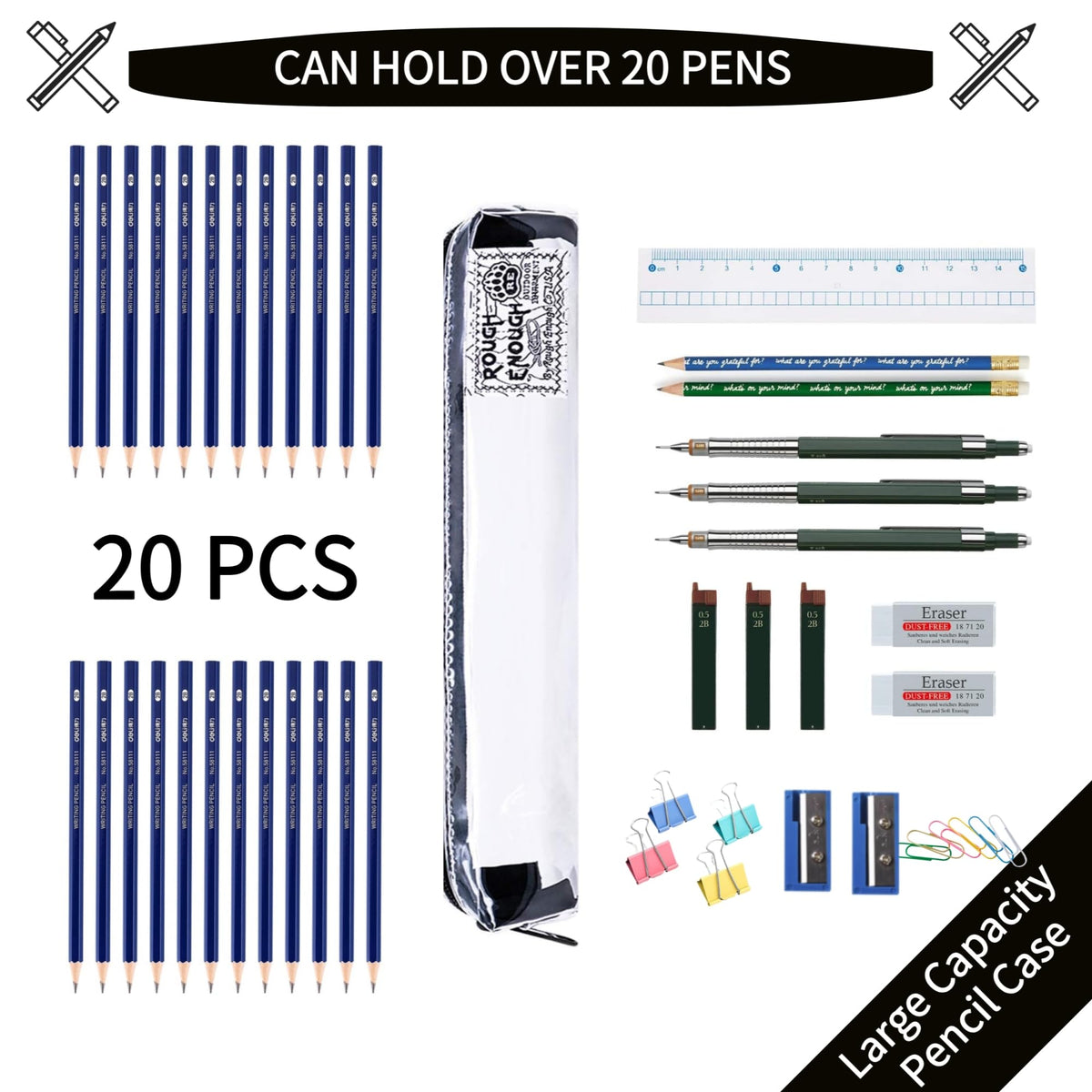 Rough Enough Clear Pencil Pouch, Slim Pen Case for Classroom & Office