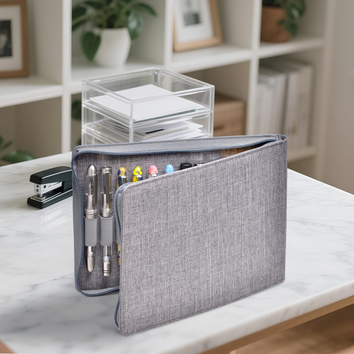 Asvine 24 Fountain Pen Case Gray Organizer Bag - Premium Waterproof Canvas Pen Display Holder