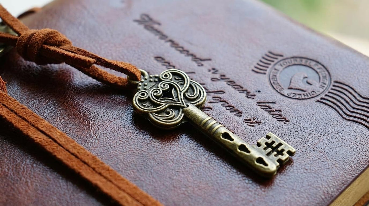 EvZ Classic Vintage Leather Writing Journal Notebook - Unique Key Bound Retro Diary, Blank Kraft