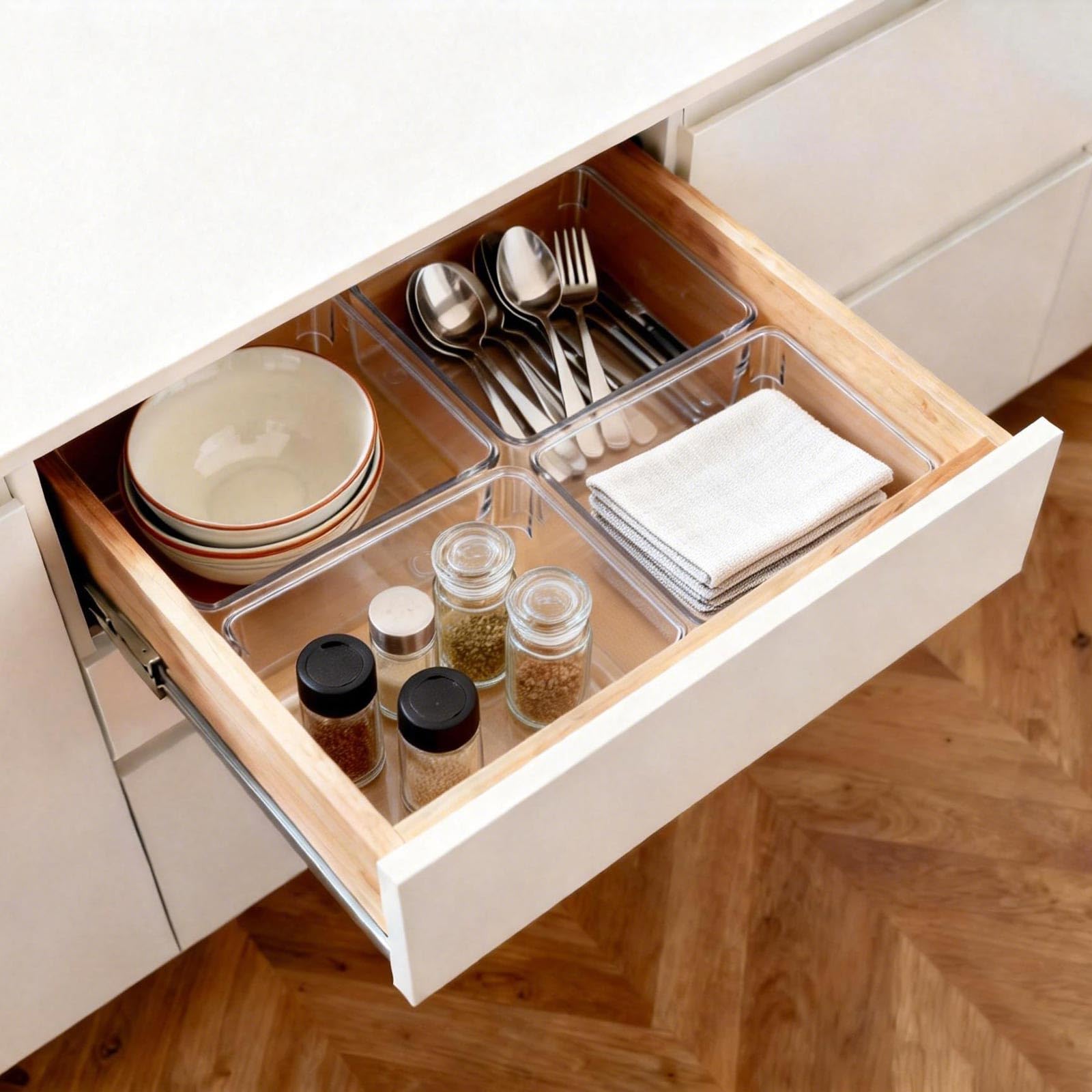 Ohlove 6 Pcs Large Clear Plastic Drawer Organizers Tray 6" x 6" Storage Bins with 25 Pcs Non-Slip