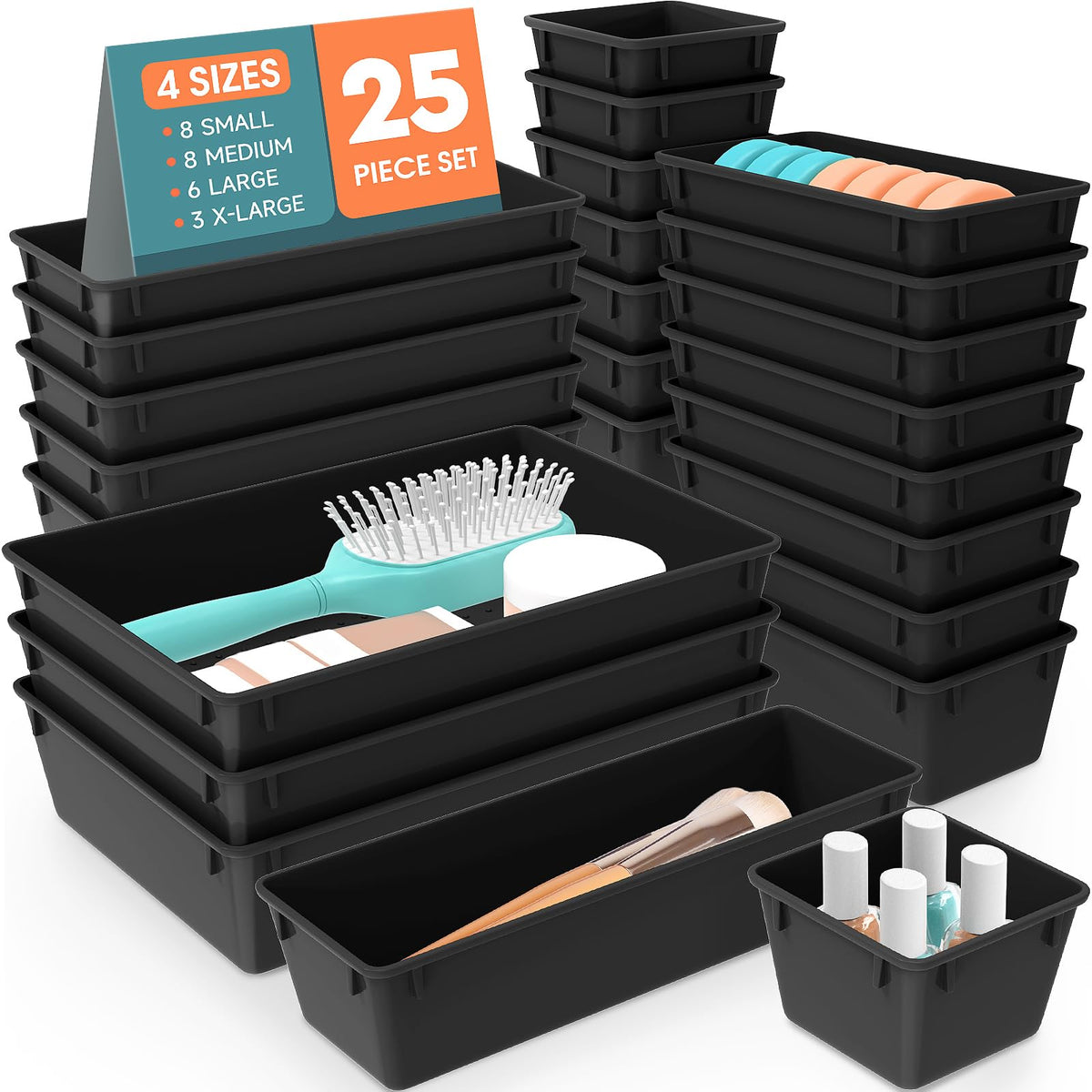 25 PCS Plastic Drawer Organizer Set, Makeup Organizers and Storage Bins