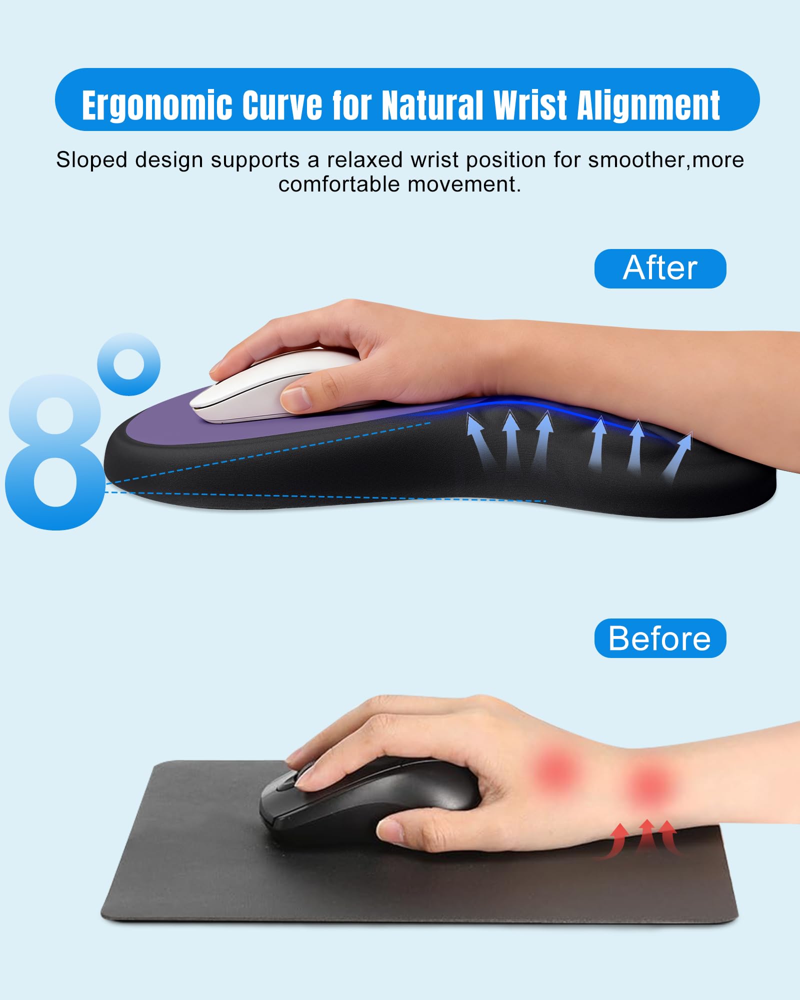 Ergonomic Mouse Pad with Sloped Memory Foam Wrist Rest, Black&Purple