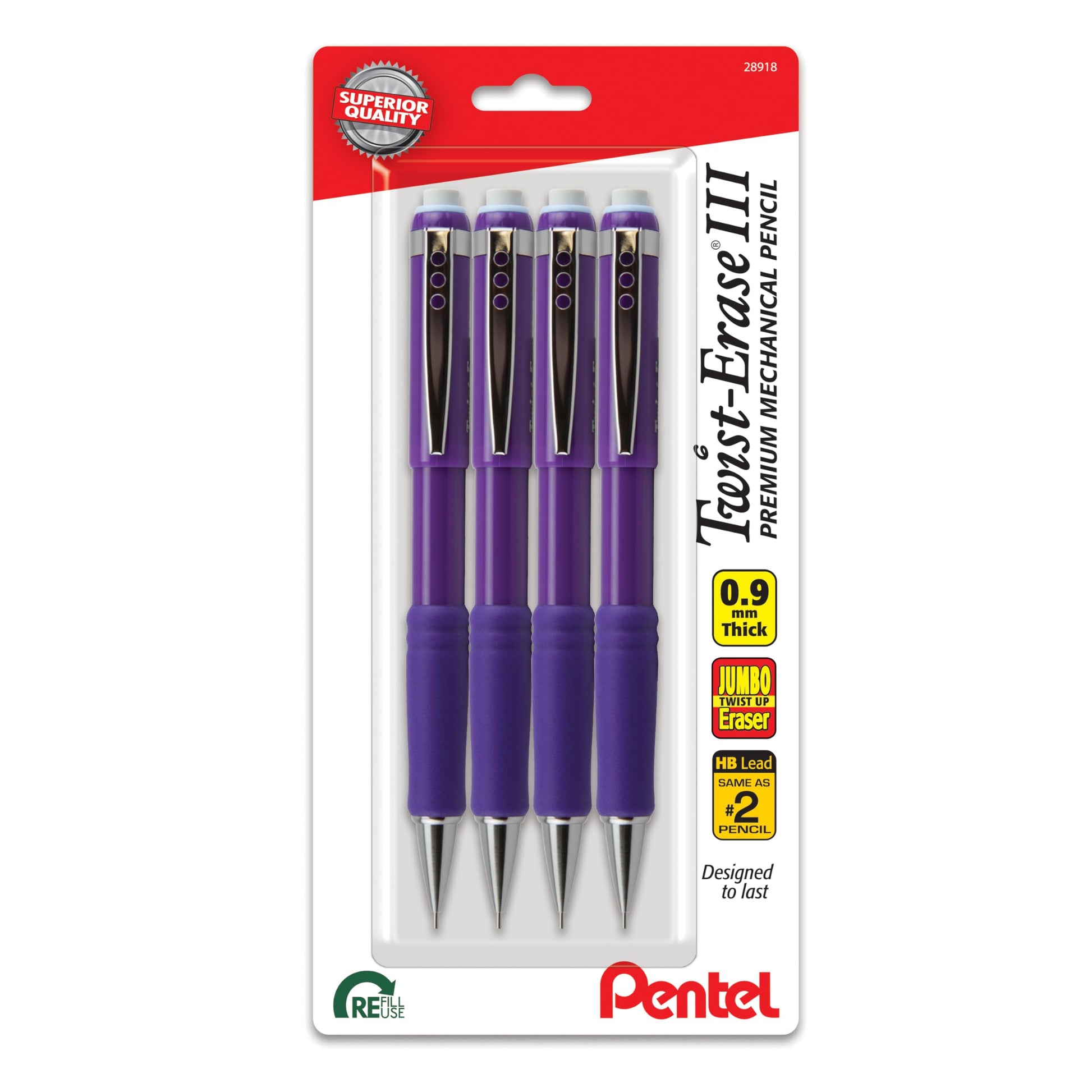 Pentel Twist-Erase III Mechanical Pencil, (0.9mm), Bold Line, Violet Barrel, Pack of 4 (QE519BP4V)