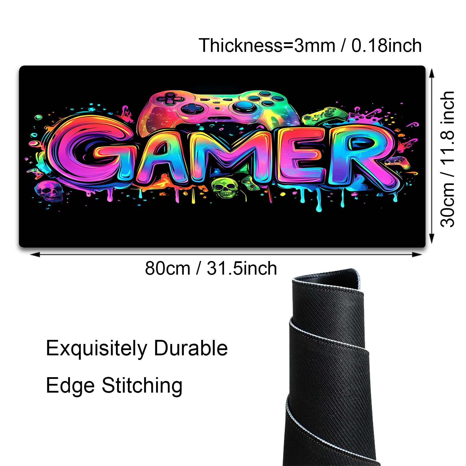SparkLia Gamer Gaming Mouse Pad, Blacklight Game Controller Horror Skull Waterproof Large Mouse
