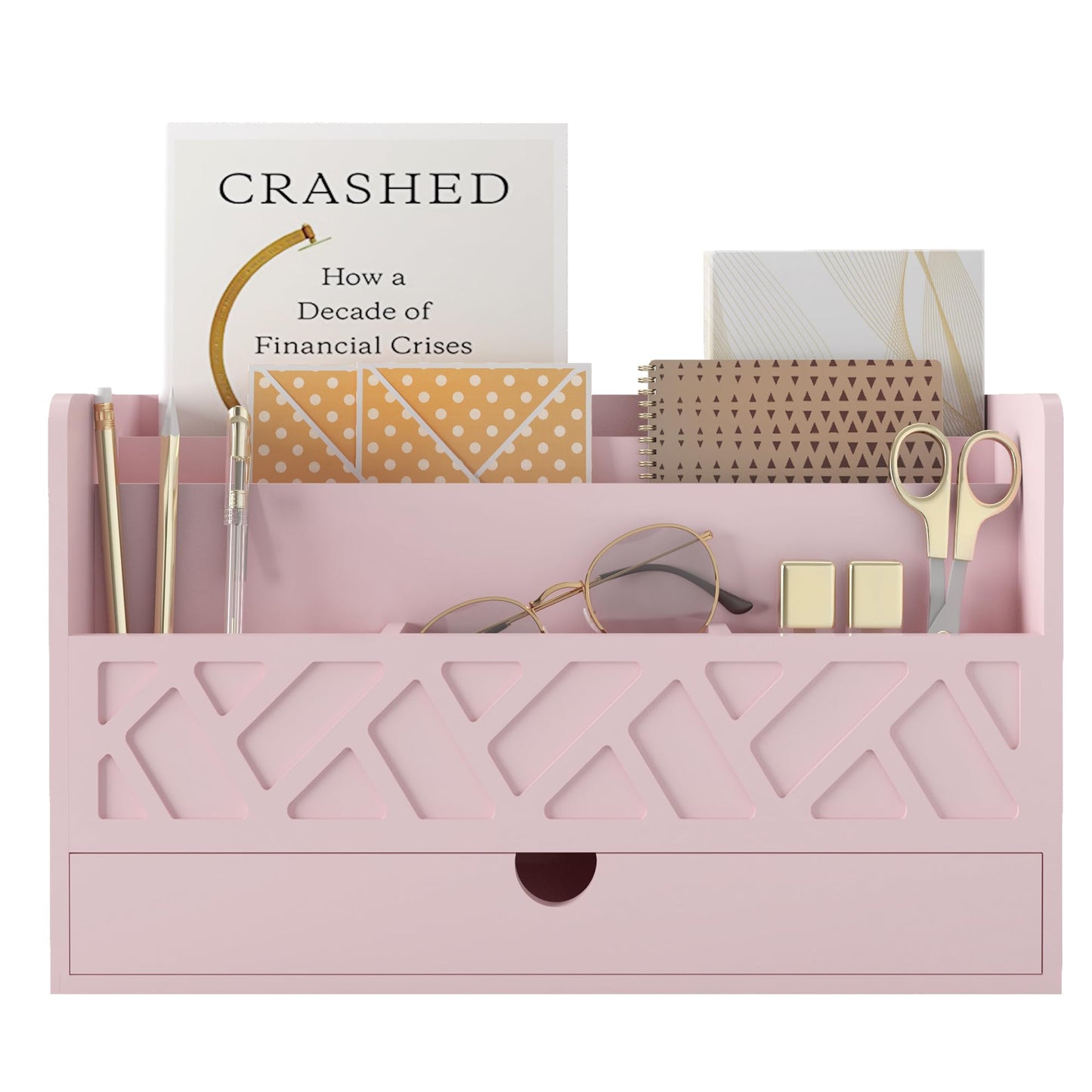 Wisuce Bamboo Mail Organizer with Drawer, Countertop Desk Organizer (Pink)