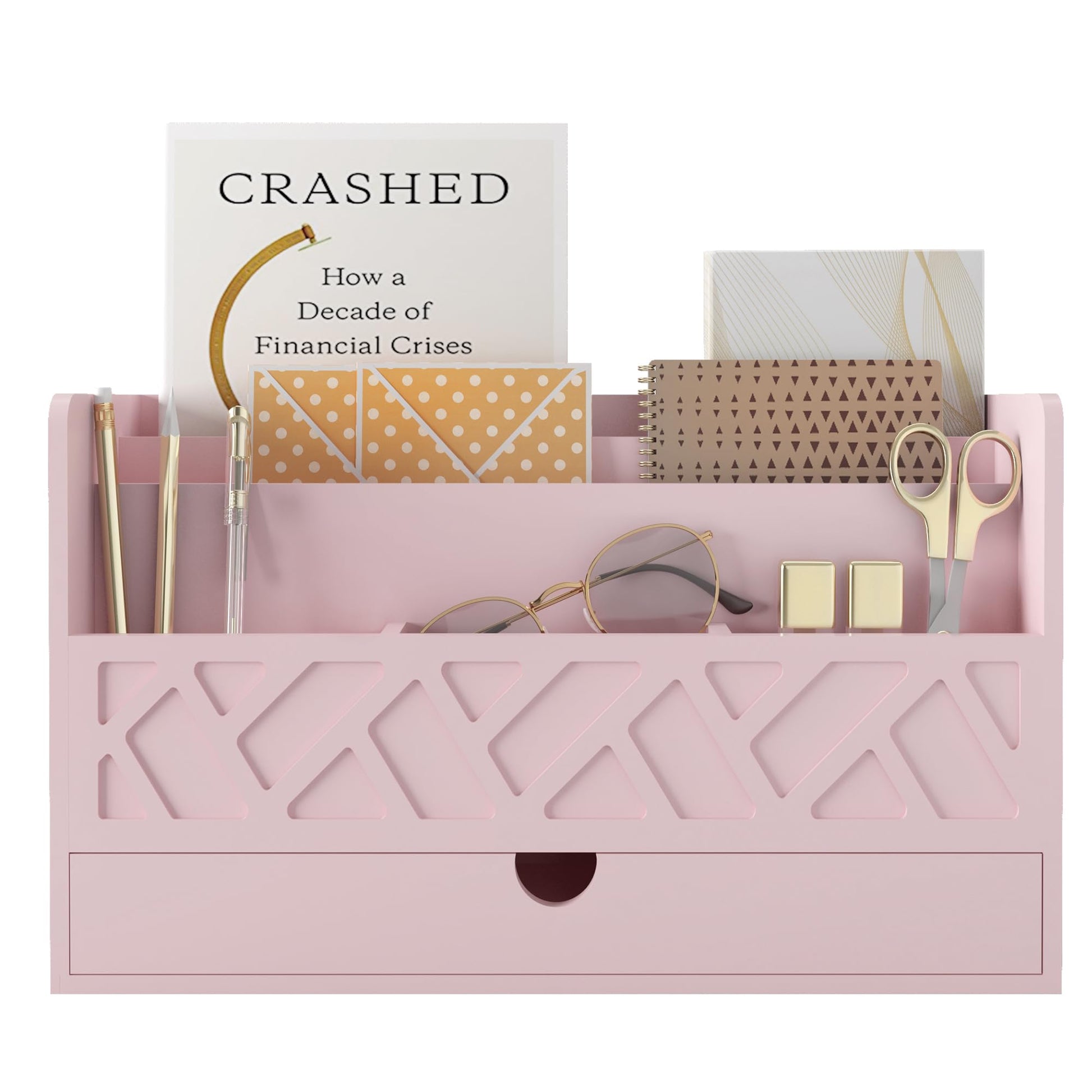 Wisuce Bamboo Mail Organizer with Drawer, Countertop Desk Organizer (Pink)