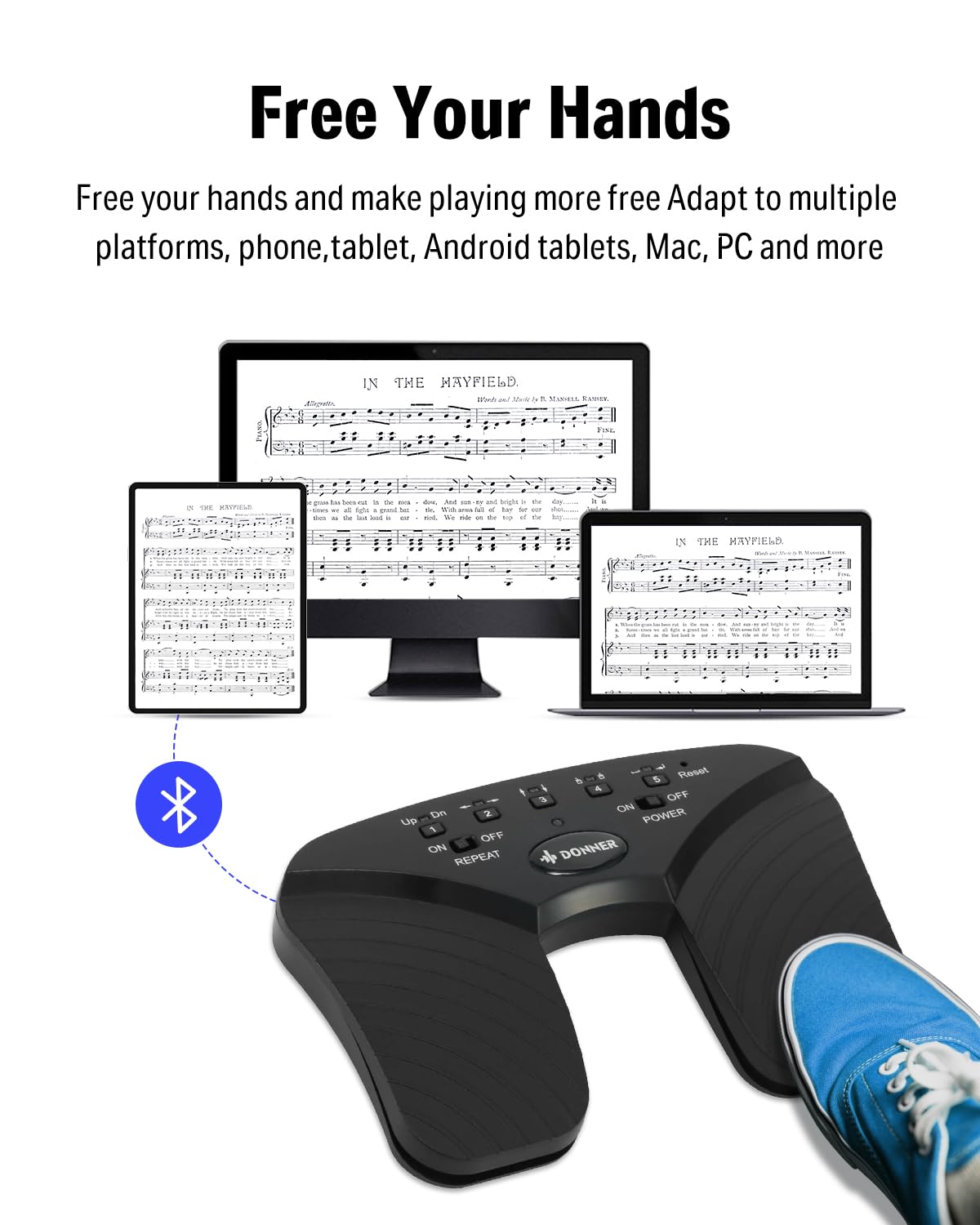 Donner Wireless Page Turner Pedal, Rechargeable Music Page Turner foot pedal for Tablets Phone