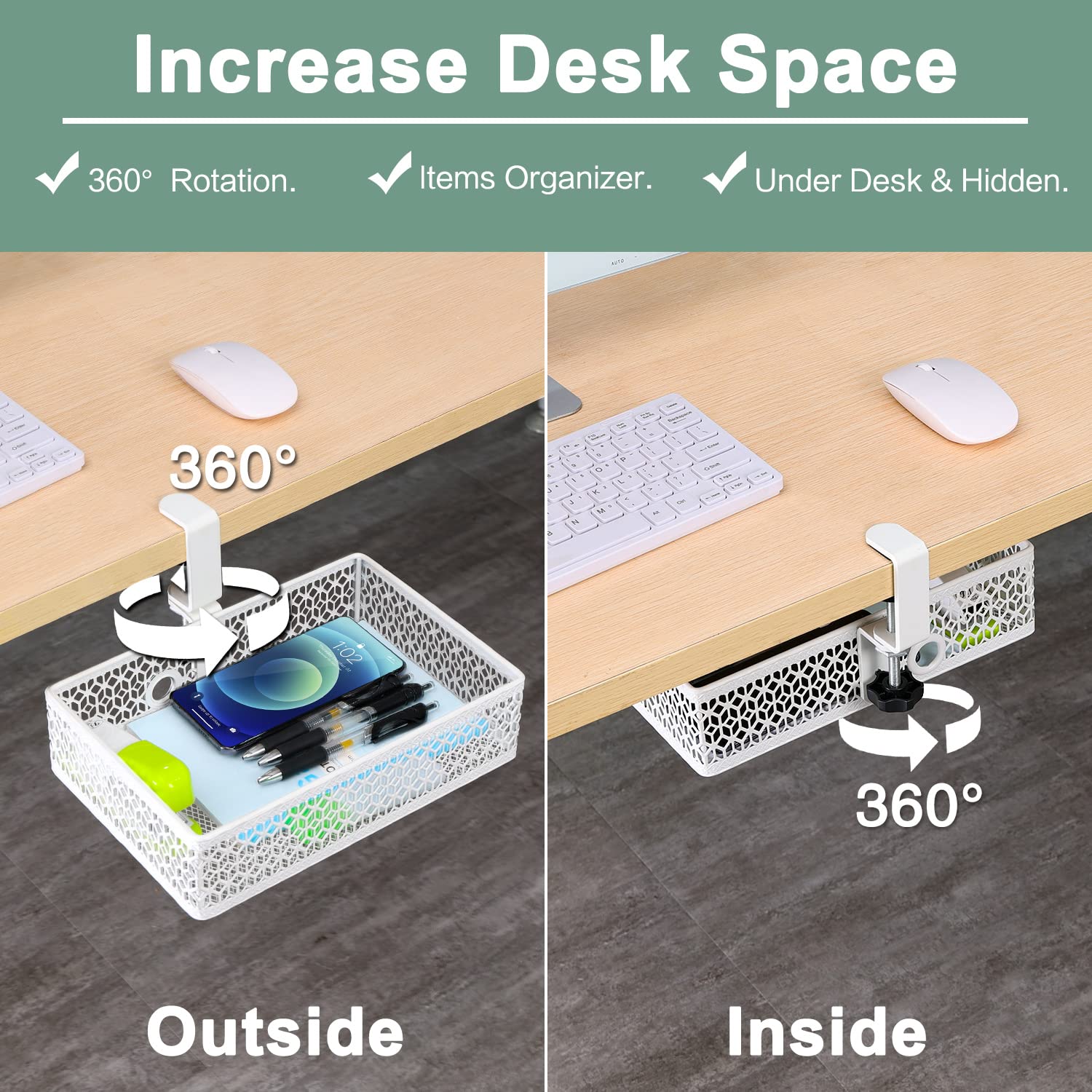 ROSYLINE Under Desk Storage Basket Hanging Drawer Tray, Clamp On Organizer