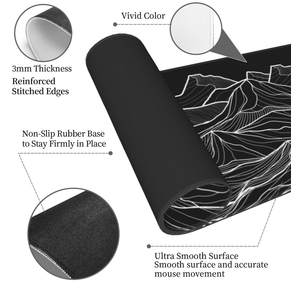 Abstract Mountain Black White XXL XL Large Gaming Mouse Pad for Desk, Non-Slip Long Extended