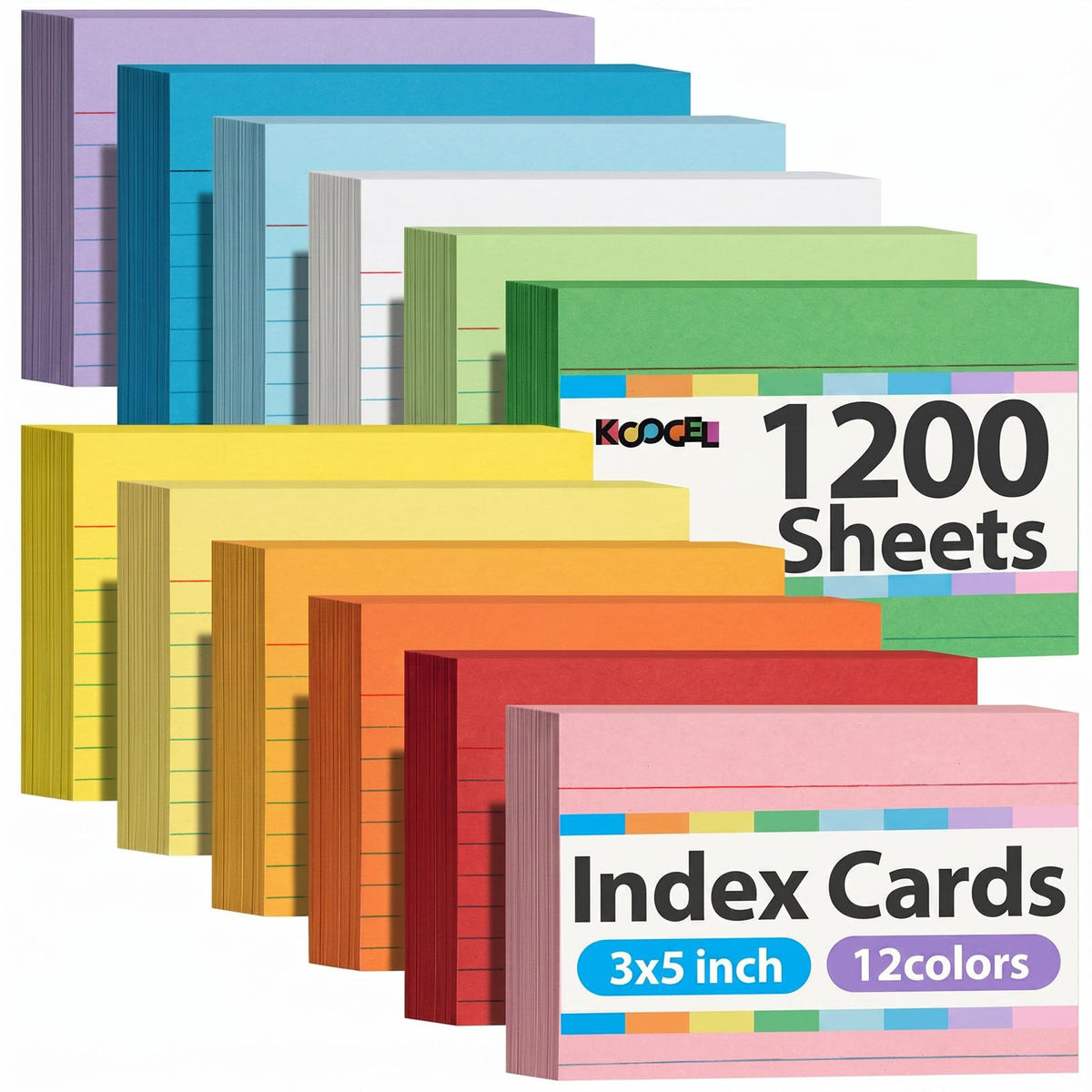 Koogel 1200PCS Index Cards 3x5, Colored Ruled Flash Cards Bulk, 12 Colors