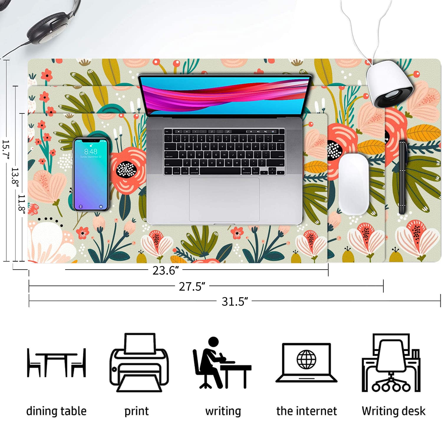 Floral Desk Mat, Large Non-Slip Leather Desk Pad Green 23.6"x11.8"