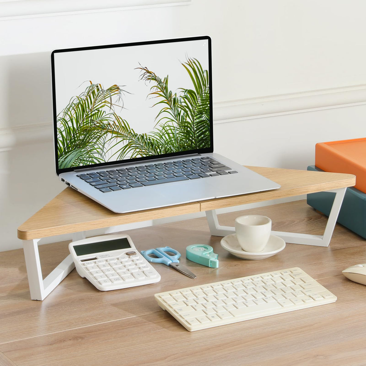 TEAMIX 26 inch Corner Monitor Stand Riser with Keyboard Storage, Maple