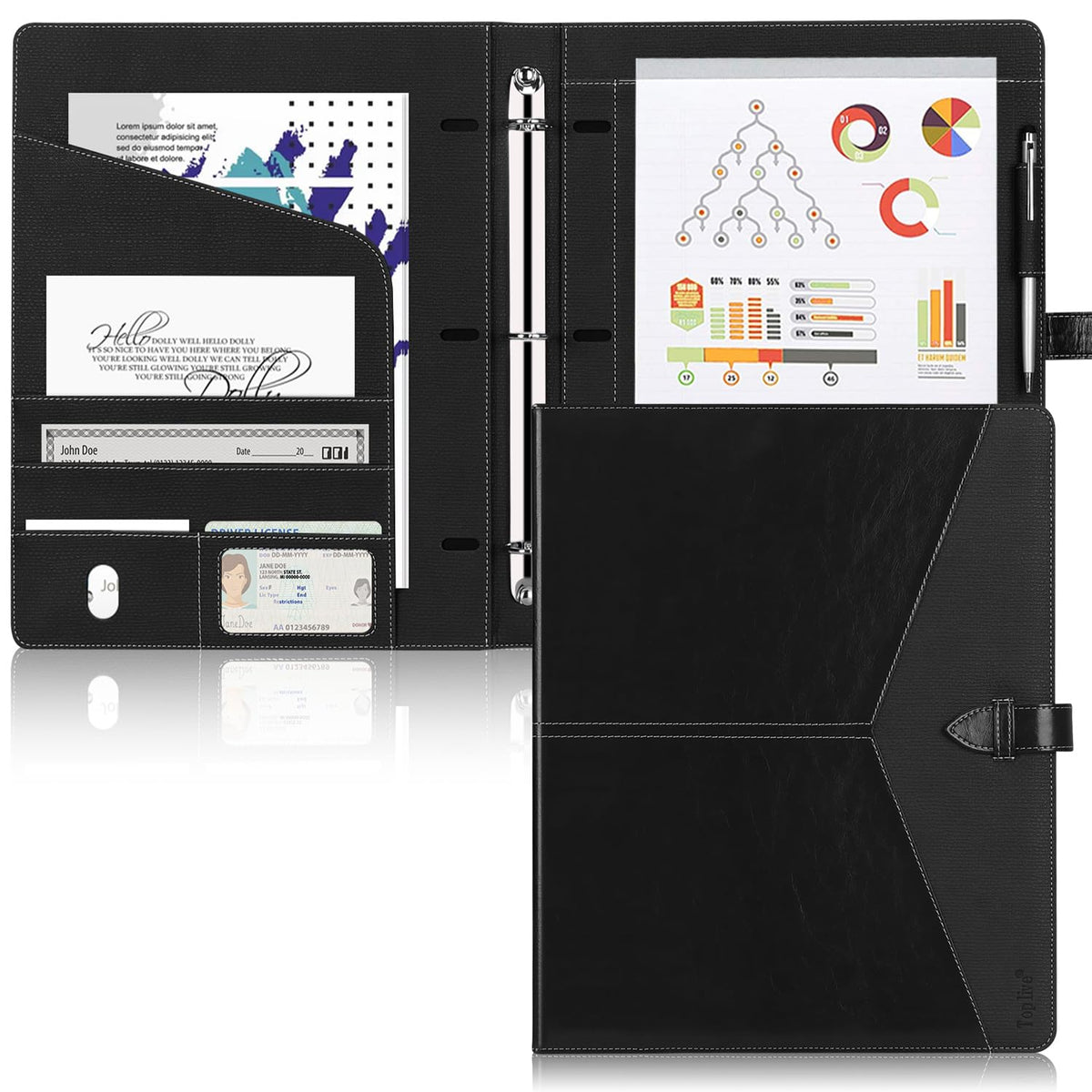 Toplive Padfolio 3 Ring Binder Organizer Business Portfolio Folder for Women, A4/ Letter Size PU
