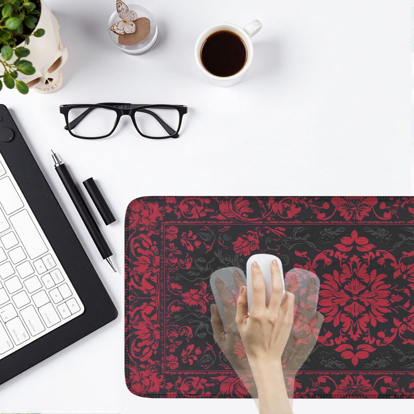 Victorian Gothic Floral Desk Mat Black Red Baroque Desk Pad Dark Academia XXL Large Mouse Pad