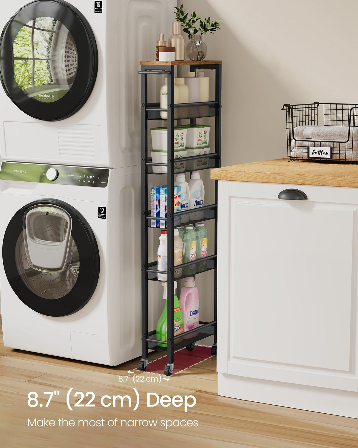 VASAGLE 6-Tier Utility Rolling Laundry Cart, 17.9 x 5.9 x 51.7 inch