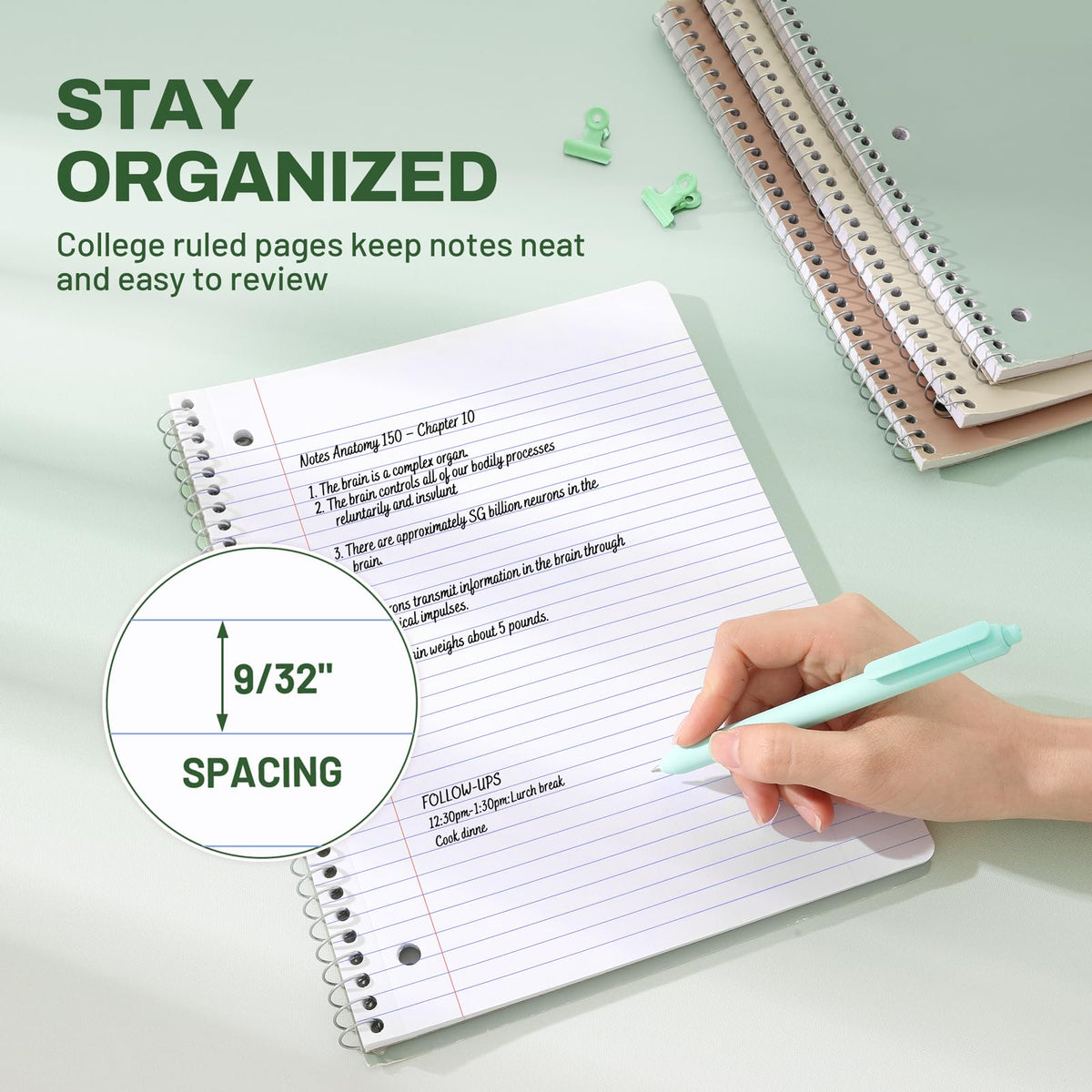 SUNEE Spiral Notebooks, 3 Pack, 1-Subject, College Ruled Paper, 8" x 10-1/2", 70 Sheets per