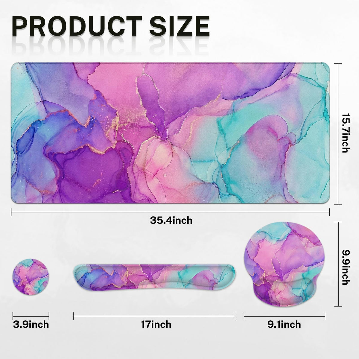 Arttown Keyboard Mouse Pad Set, 4 in 1 Desk Mat Set Marble Purple