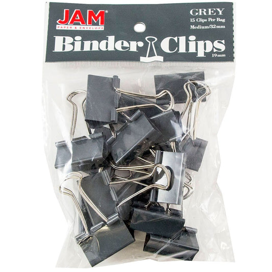 JAM PAPER Colorful Binder Clips - Medium - 1 1/4 Inch (32 mm) - Grey Binderclips - 15/Pack
