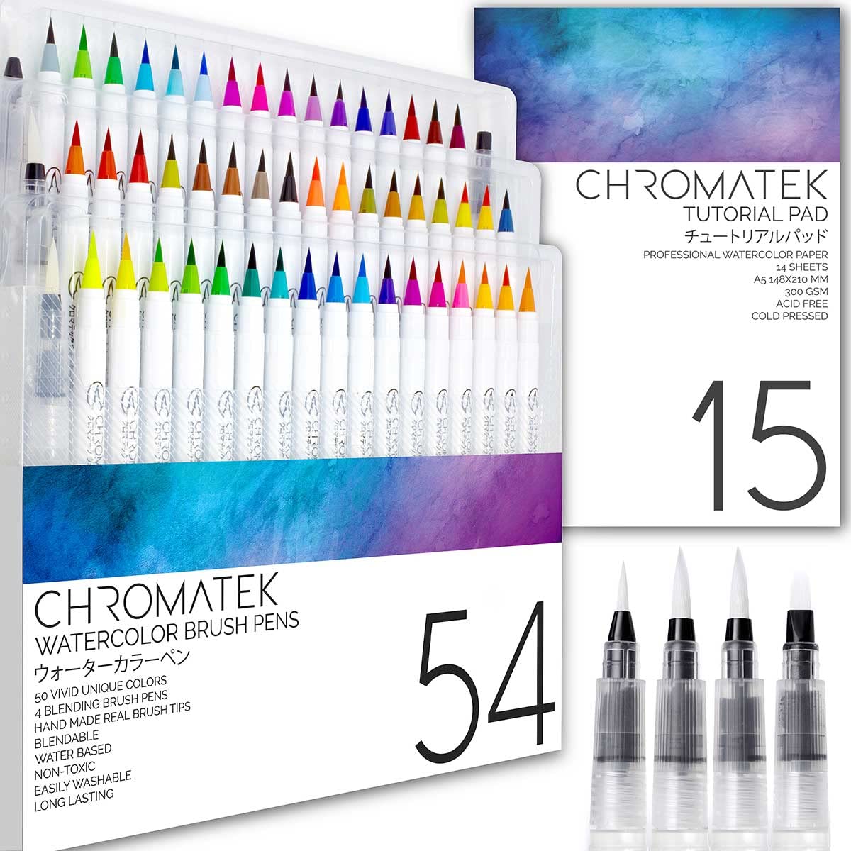 CHROMATEK 54 Watercolor Pens Set | Including 15 Page Pad & Online Video Tutorial Series | 4