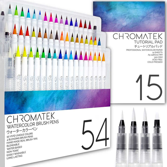 CHROMATEK 54 Watercolor Pens Set | Including 15 Page Pad & Online Video Tutorial Series | 4