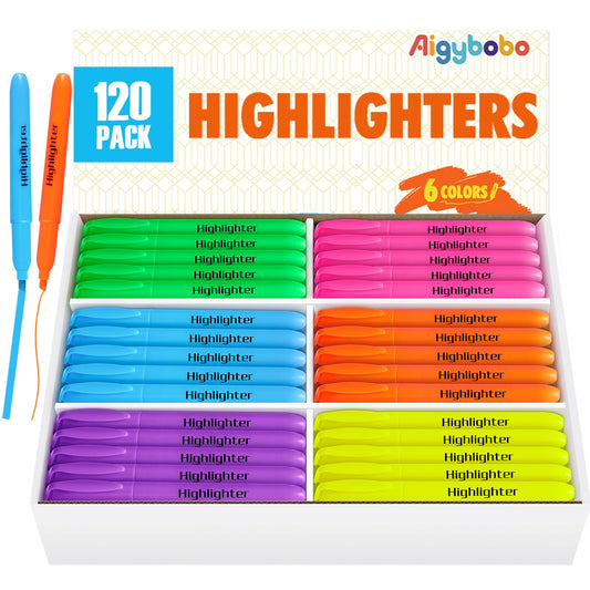 Aigybobo 120 Pack Highlighters in 6 Assorted Colors, Chisel Tip Dry-Quickly Highlighters Bulk, No