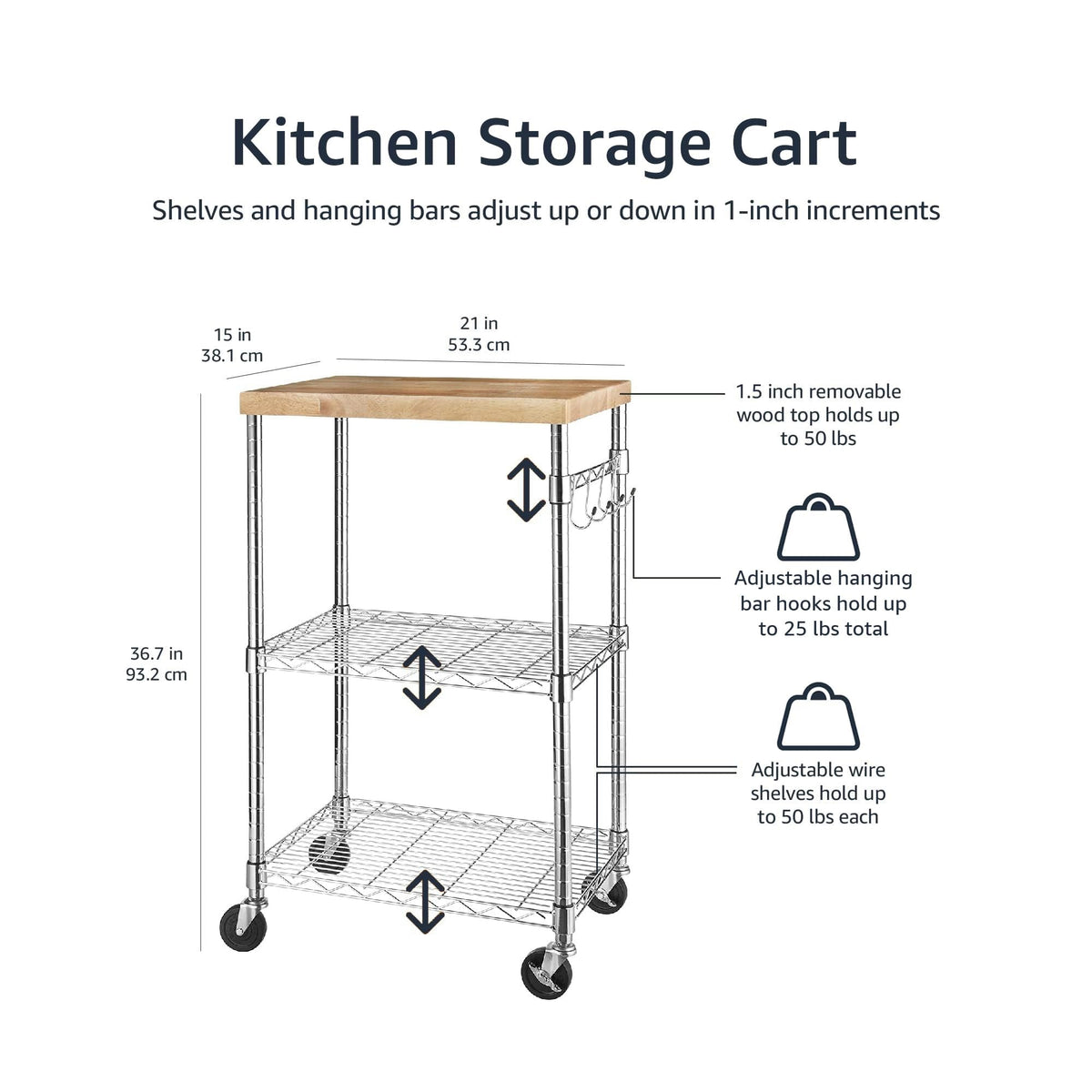 Amazon Basics Portable Kitchen 3-Tier Storage Rack on Caster Wheels with Adjustable 2 Shelves, 175