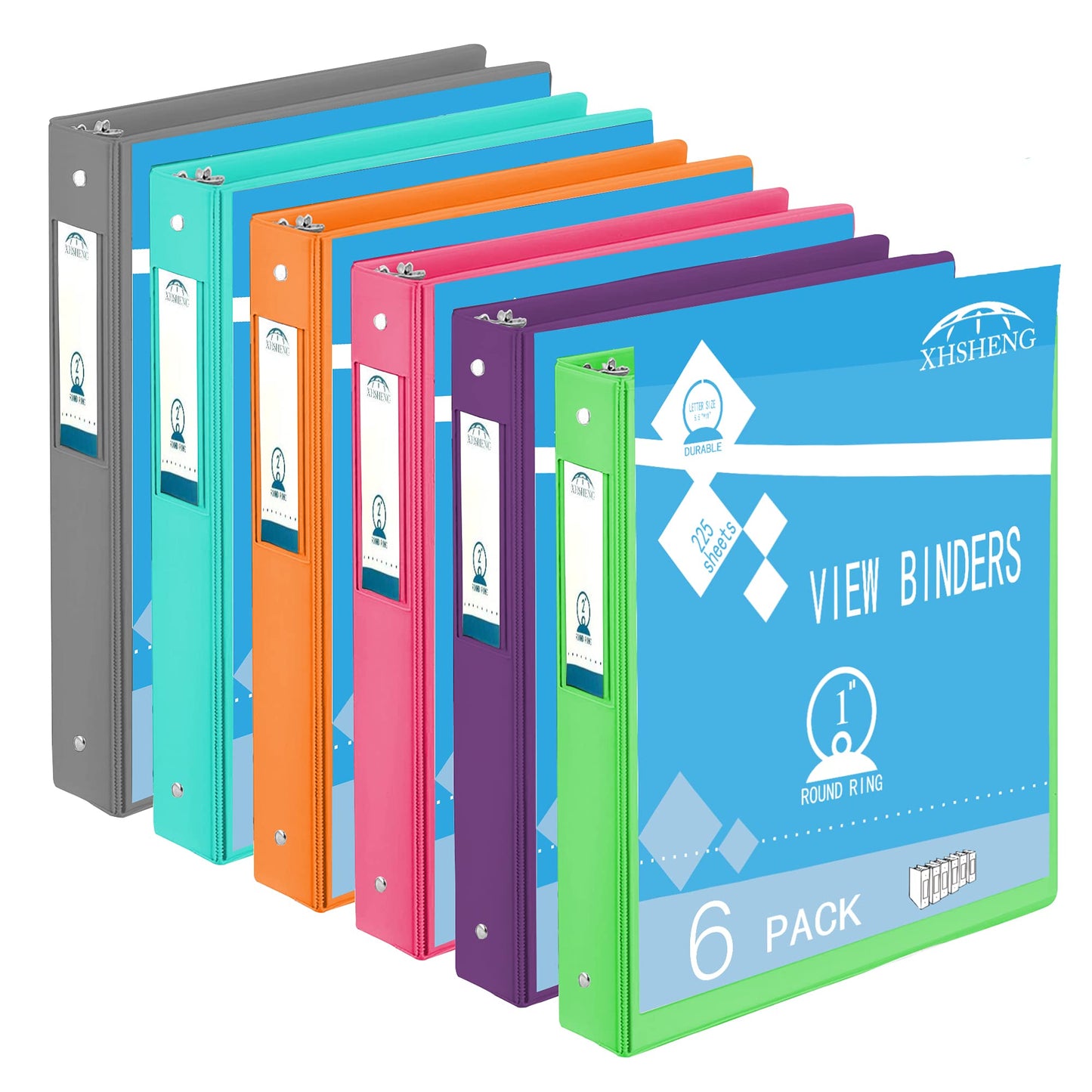 3 Ring Binders,1” Round Ring, Holds 8.5 * 11inch Papers, with 2 Pockets,6 Colors Binder Assorted