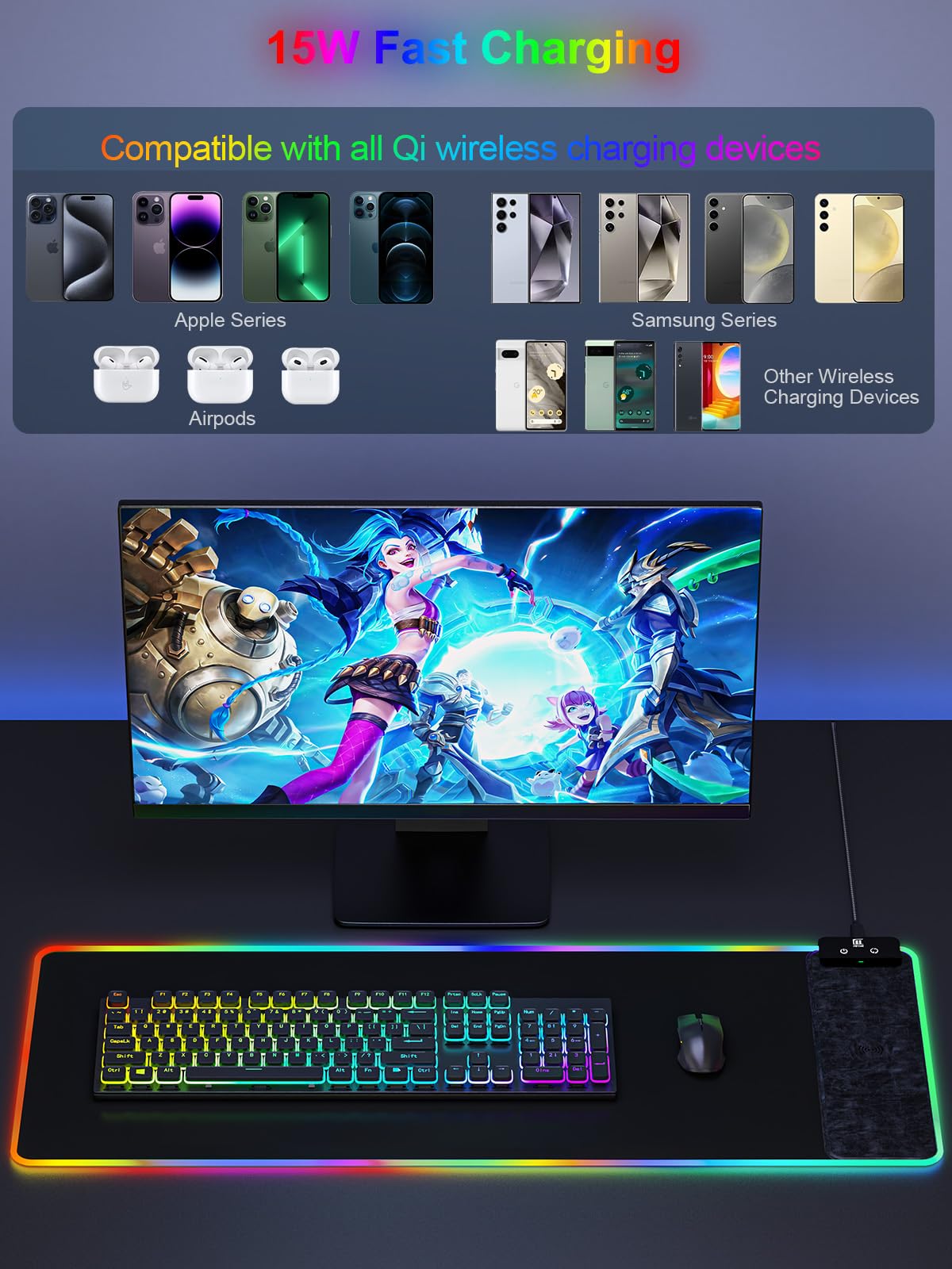 Mouse Pad with Wireless Charging, Large Desk Mat RGB Gaming Mousepad, 10 Light Colors LED Gaming