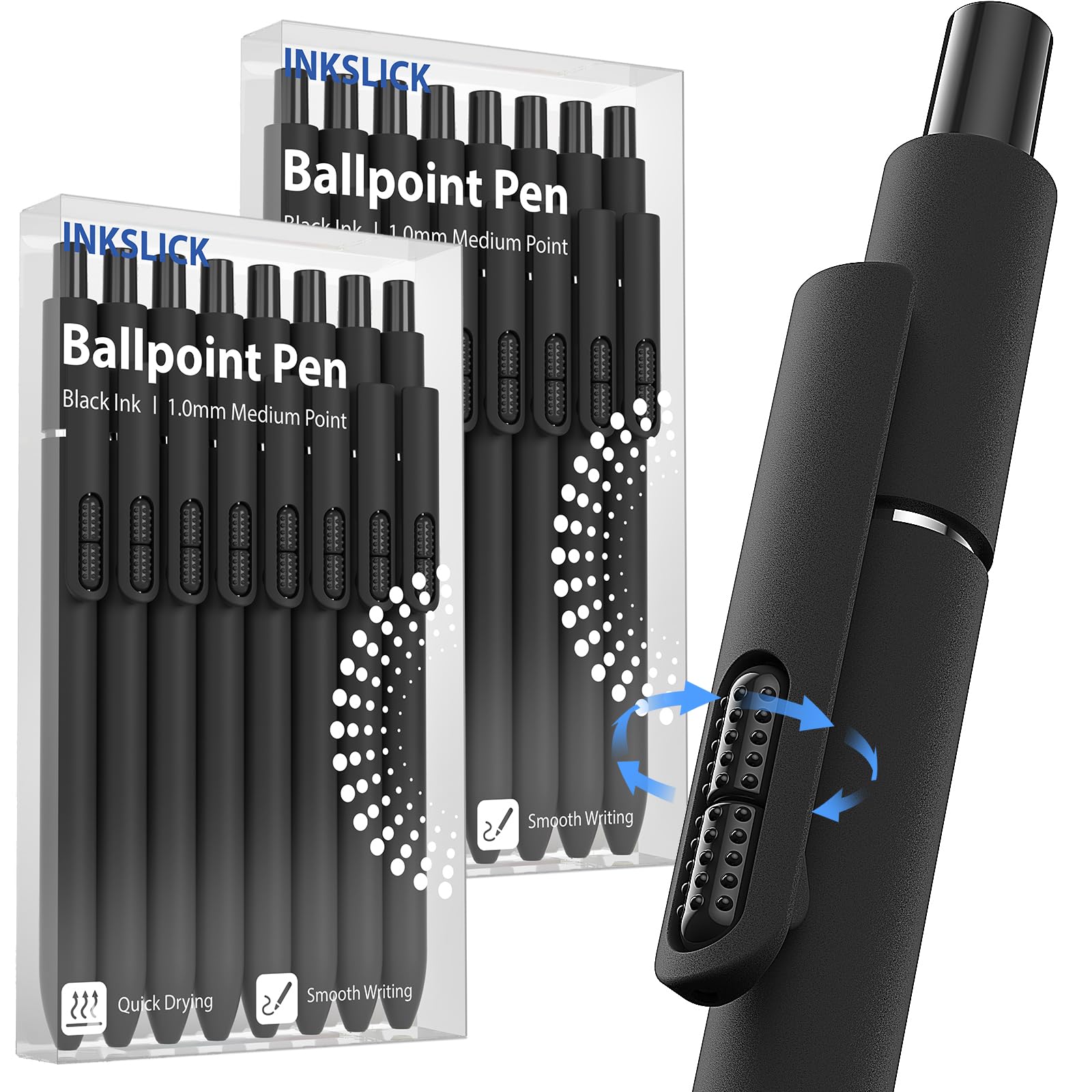 InkSlick 16 Pack Black Ink Ballpoint Pens 1.0mm Fidget Pens for Adults