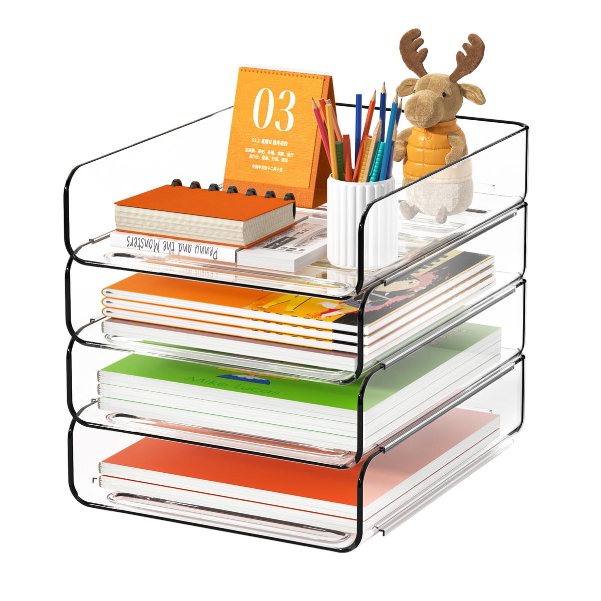 FANXIYQ 4-Tier Acrylic Paper Tray Organizer, Clear Stackable Desk File Organizer for Documents